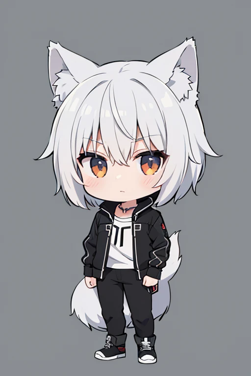 1man,Wolf Man,riders jacket,gray background,anime,black hear,full body,standing,high resolution,Landscape,chibi,white inner,