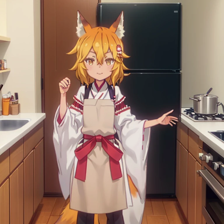 highest quality, masterpiece, be familiar with, KitsuneSenko, 1 girl, :3, closed mouth, light smile, orange hair, yellow eyes, medium hair, fox ears, fox tail, Thousand Children Miko, Miko, brown apron, Red too, Are standing, looking at the viewer, arm at side, indoors, kitchen