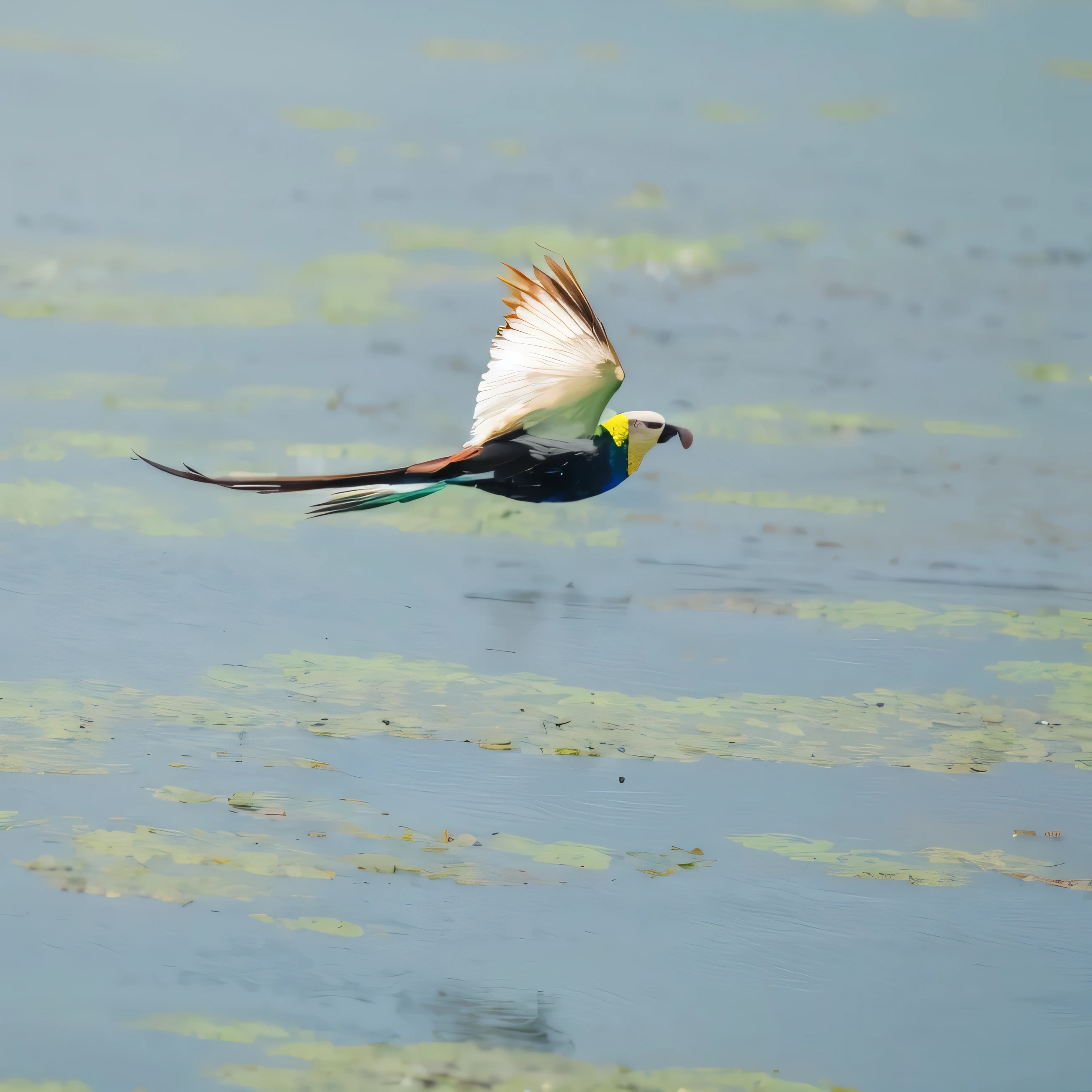 A bird flies over a body of water covered with algae, Birds fly out of the water, There are low-flying parrots by the river, Colorful bird, In flight, Fly over a forest lake, Fly around the bird, The photo shows a large, Long tail, Photos taken with Nikon D750, Photos taken with Nikon D750