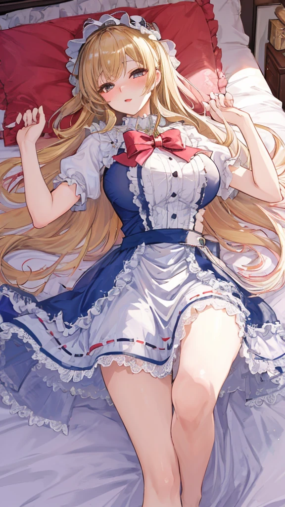 A woman has a big ,gorgeous woman,Mature((Idol)),Exquisite ta Skirt,long golden hair,Beautifully,In the bedroom,lying down,ahegao,Smooth thin legs,
