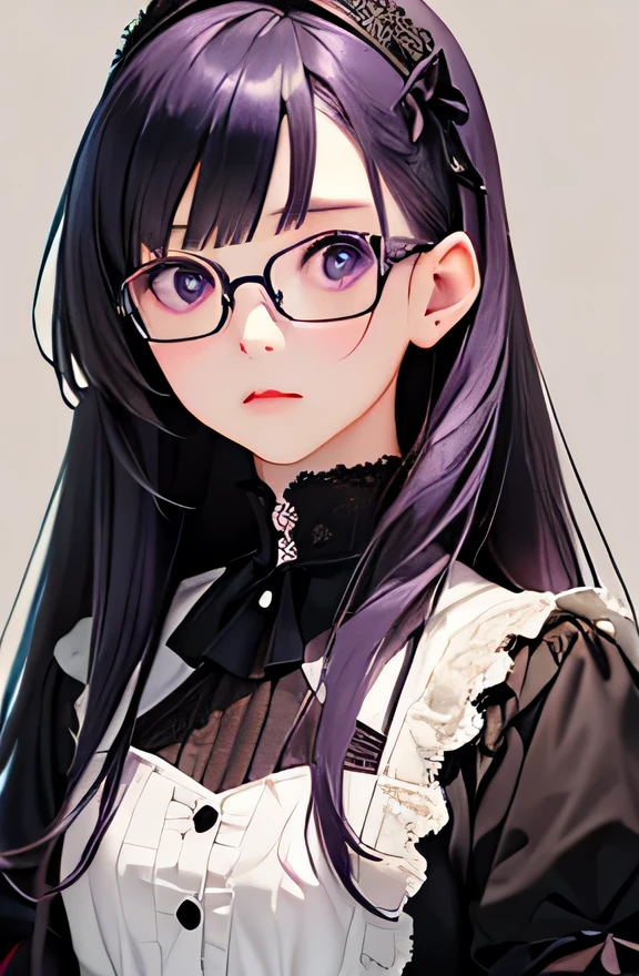 highest quality、realistic、Japanese、girl、zoom、look up、cute、gray eyes、princess cut、long hair、glasses、purple hair、Gothic Lolita、bust shot、slender、small breasts