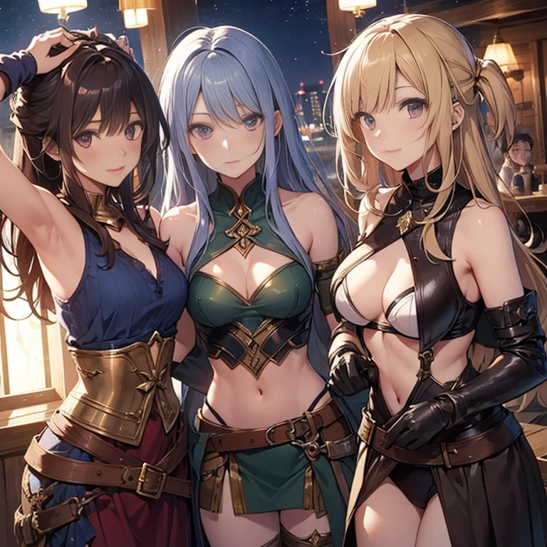 A group of female medieval fantasy adventurers, (in tavern), various hair styles, harem, night, details face, seducing, sleeveless, armor, armpits,