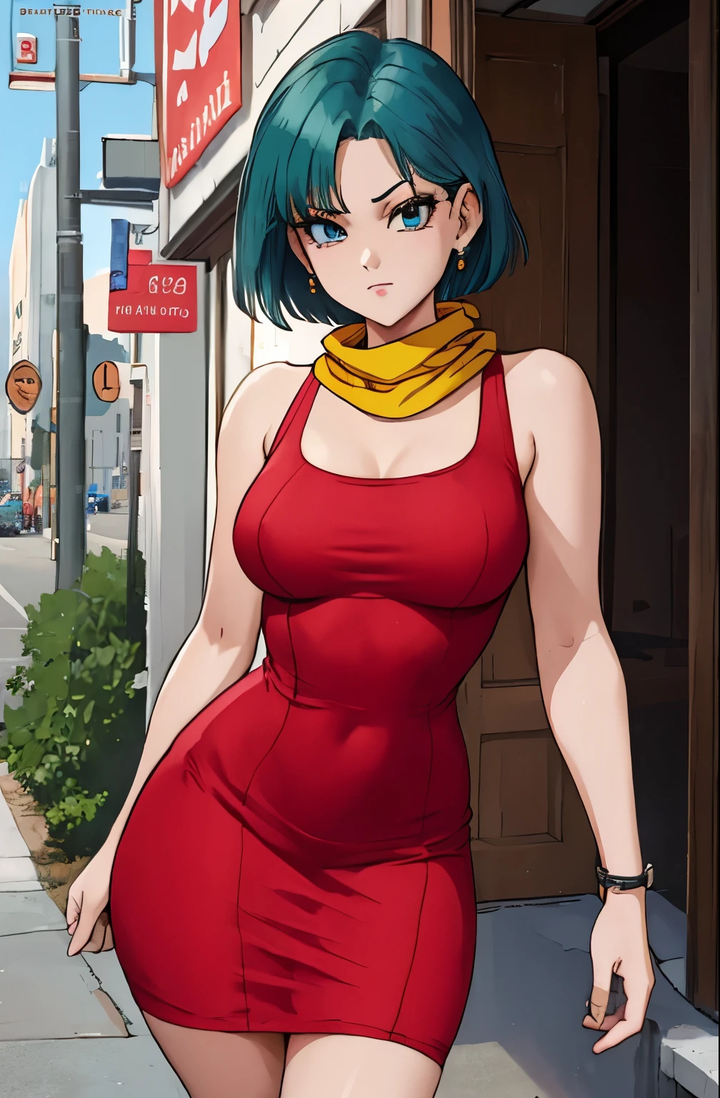 best quality, full body visto desde abajo ((cabello verde corto)). (( anime bulma dragon ball z)) (( vestido rojo)) mujer 30 years old, ((cabello azul corto)), (( con curvas)),(( a yellow scarf)) (( vestido muy corto)) (( piernas fuertes)), (( cintura muy angosta)) hay una mujer con un vestido rojo y a yellow scarf, vestido apretado, vestimenta ajustada, succubus in short tight dress, vestido sexy, faye valentine, linda chica con traje de tanque, skinvestido apretado, better known as amoranto, amoranto, He wears a bathing suit, usando ropa sencilla y ajustada, cintura delgada y caderas gruesas , alto detalle 8K, perfect skin. 12K HDR