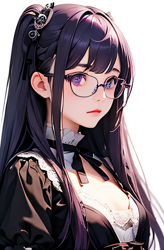 highest quality、realistic、Japanese、girl、zoom、look up、cute、gray eyes、princess cut、long hair、glasses、purple hair、Gothic Lolita、bust shot、slender、small breasts