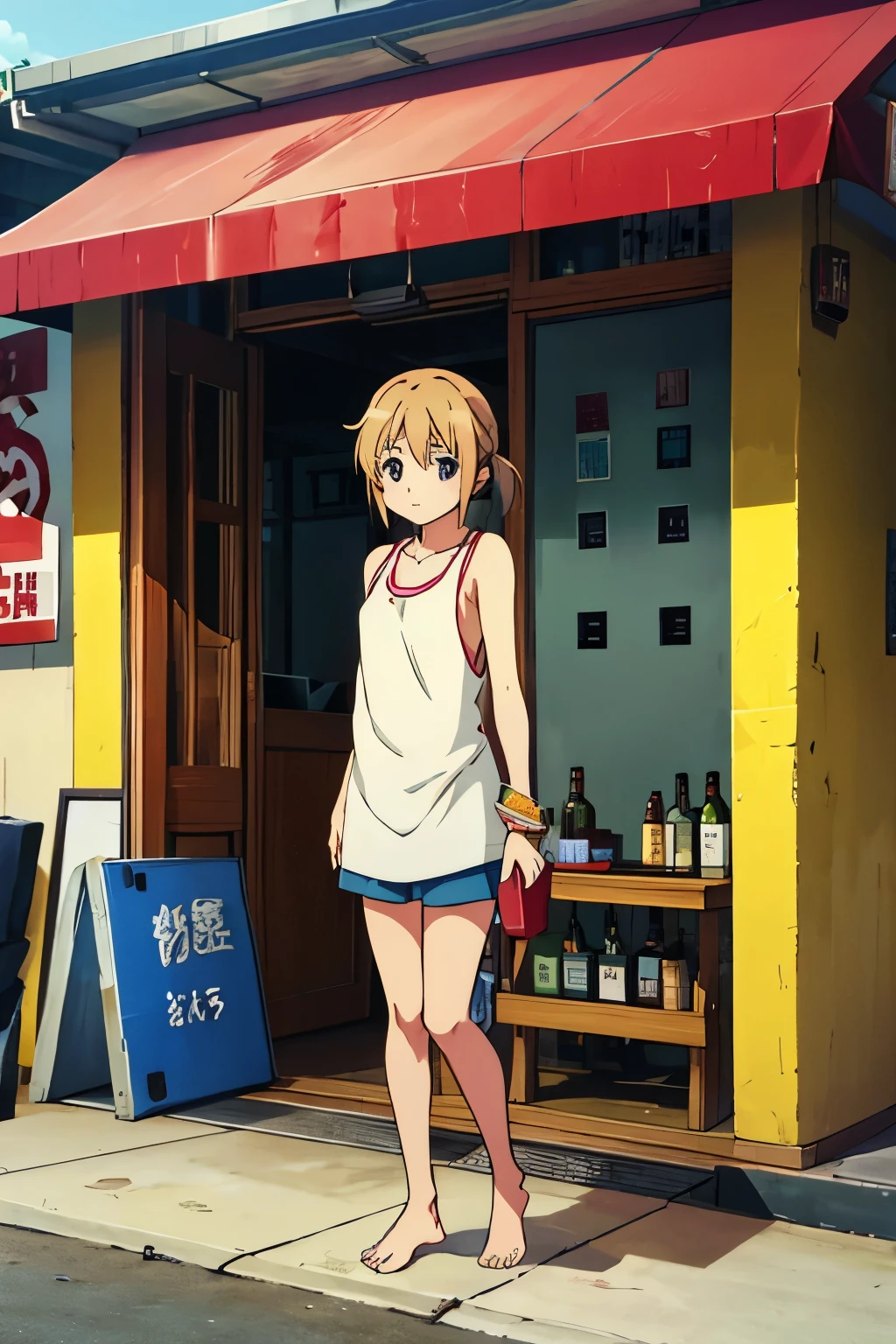 girl,Tank top,barefoot,飲食店を外から見ているgirl,poor