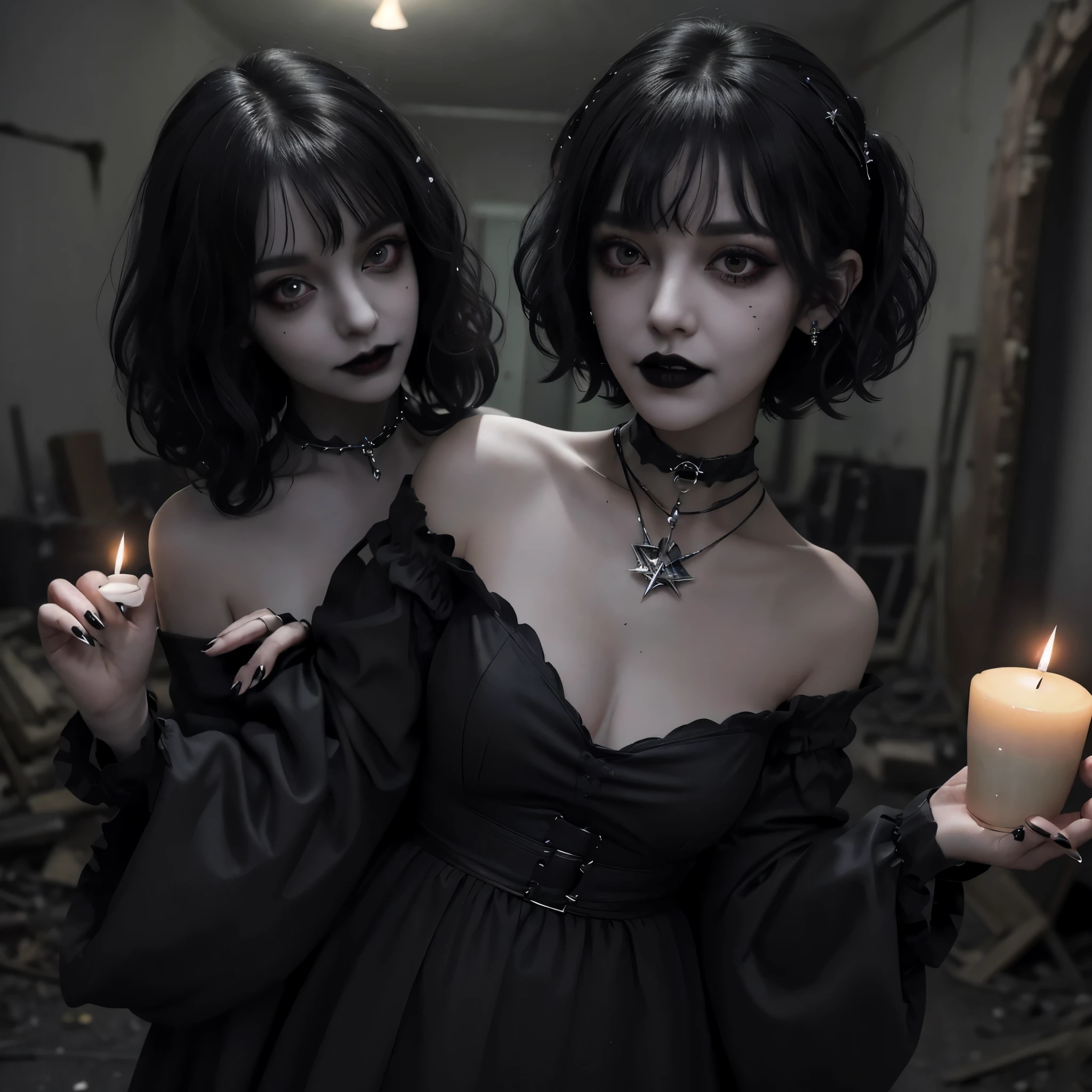 (masterpiece, 8k, best quality:1.2), Woman in her 20s, gothic style, goth, black lips, dark black eyeliner, round bangs, Short hair, perm, black long nails, black choker necklace, scary laugh, Inside a dark abandoned hospital, Candlelight, pentagram