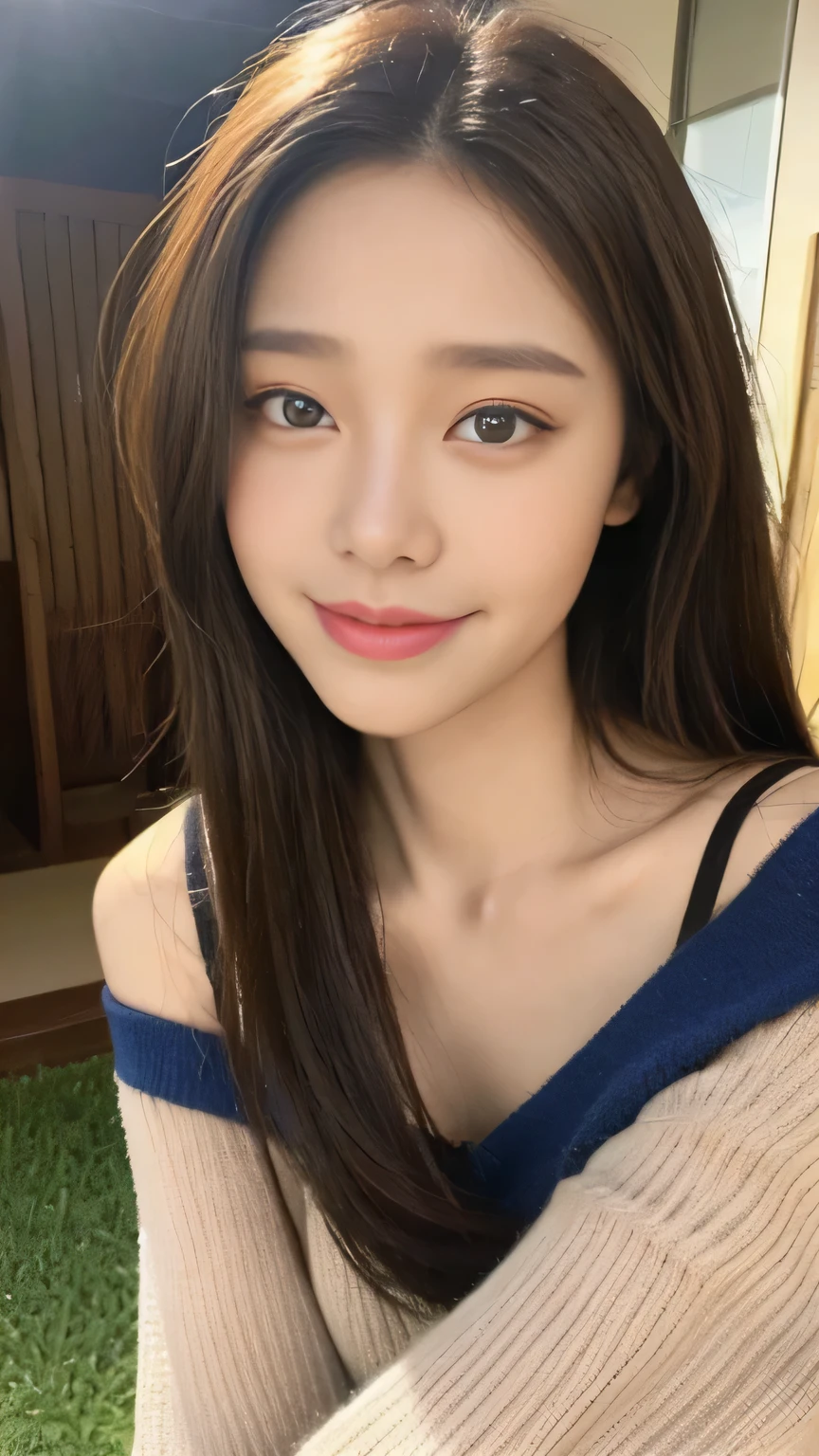 ((highest quality, 8K, masterpiece:1.3)), concentrated:1.2, perfect body beauty:1.4, buttocks:1.2, ((delicate hair)), (Colorful Solid Cold Shoulder Oversized Sweater、 :1.1) , ((highest quality、8K、masterpiece:1.3))、1 girl、A sloppy smile、Full body Esbian、slim face、big 、Beautiful woman、(dark brown hair)、、1.1、flickering valley、detailed eyes、double eyelid、blurred background、超slim face、look down、garden、
