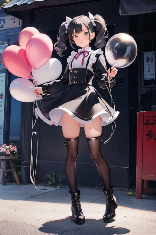 balloon seller girl, a ************ girls, (((she is having a  gray balloon))) , real photo, (((full body))), (looking down at me),  twin tails, big ribbon on he hair, (leather dress, boots), 