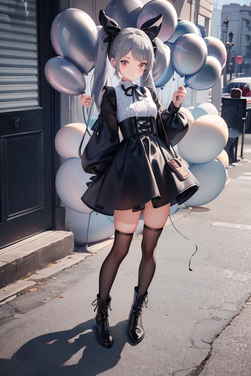 balloon seller girl, a 12 years old girls, (((she is having a  gray balloon))) , real photo, (((full body))), (looking down at me),  twin tails, big ribbon on he hair, (leather dress, boots), 