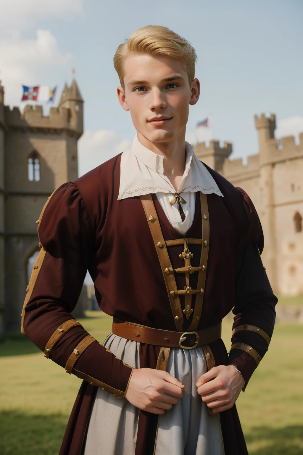 Edimburgh, 1547. full body, A young ((((21-year-old)) Francis Crawford of Lymond)), tall, athletic, angular features, strong jawline, high cheekbones, piercing eyes, charismatic, ((amused expression)). Outside a castle, ((((elegant clothings from the 1540s)))), ((blonde hairstyle of the 1540s))