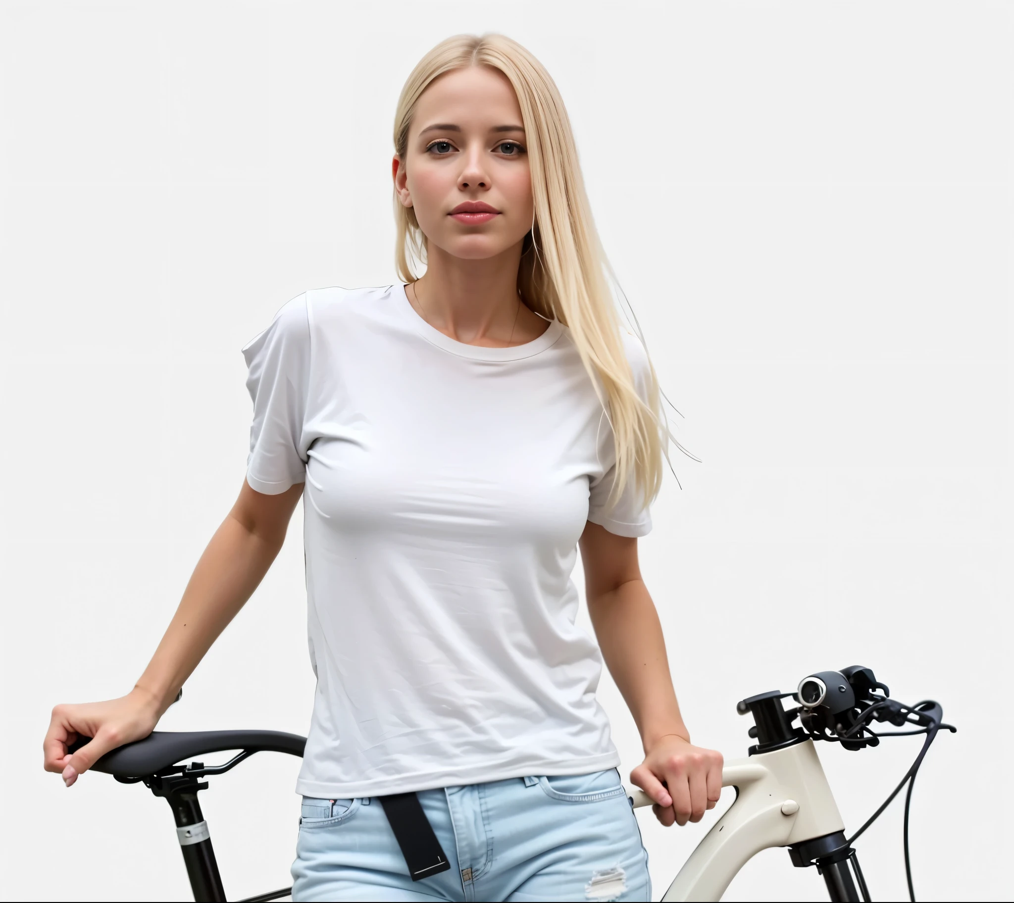 blond woman in white shirt and jeans posing with a bicicleta, sem texto, fundo removido, foto de uma motociclista, unique design, tecnologianology, vestido com uma camiseta branca, advanced tecnologianology, bicicleta, bicicleta in background, detalhado com alta qualidade, rectangle, fundo branco, tecnologia, Sem fundo, Victoria Siemer, design atraente