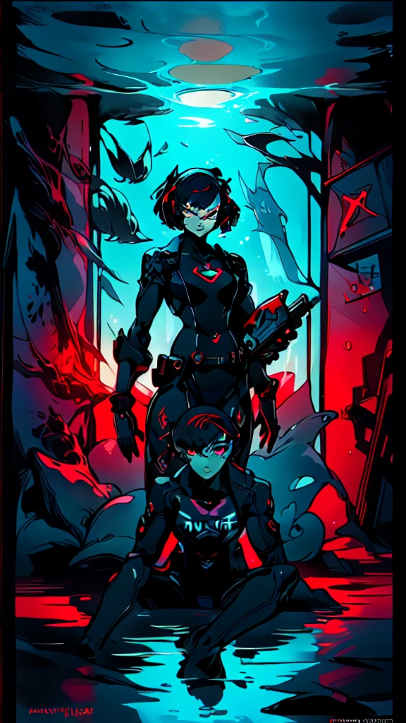 Cartoon photo of woman, Guyver style, SFW version, red eye, bellows tail, cel shade adult animation, serpentine pose,(indoor, masterpiece, best quality, masterpiece, best quality, finely detail, beautiful detailed eyes, ultra detailed, extremely beautiful CG, super detailed skin, best quality, intricate, {{high quality}}, extra colors, 2D, megapixel, perfectionism, accent lighting, full HD, 4K, 1girl, full body, 1girl, solo female, mature female, (((full body)))++, contrapposto, red hair, short hair, weird red hair, short red hair,(( red eyes, ((beautiful detailed eyes right and eye patch on left eyes)))++++, collarbone, best quality, beautifully detailed face, ray tracing, DOF,HDR, thigh-highs, fingerless gloves, skintight clothe, fully clothed, gloves, sneaking suit, tactical gear, tactical uniform, camouflage bodysuit, skintight bodysuit, sneaking suit, tactical gear, full clothed, gainax,
break,
indoors, dark science fiction laboratory concept art, concept art, 80' horror movie ambience, full_body_shot, determined_expression, holding_gun,
dimly_lit, blue_theme, futuristic ceiling with cables, monochrome, mysterious, gauges, control_panels, sonar_equipment, metal_walls, cinematic light, break cinematic medium shot, the body of the character and on the same plane, the size of the character and the scale of the setting, character and in the middle of the corridor and the water reaches his knee, gloomy atmosphere, science fiction background,)
(outside, deep under water base background, glowing, ((((3800 meters deep under water base)))++, official art, water infiltration, deep under water visible through long and small window, outdoor Pipeline under water see through window, science fiction laboratory, deep under water science fiction laboratory background, low water level on ground, oxygen_tank, coral_reef, aquatic_environment, ),