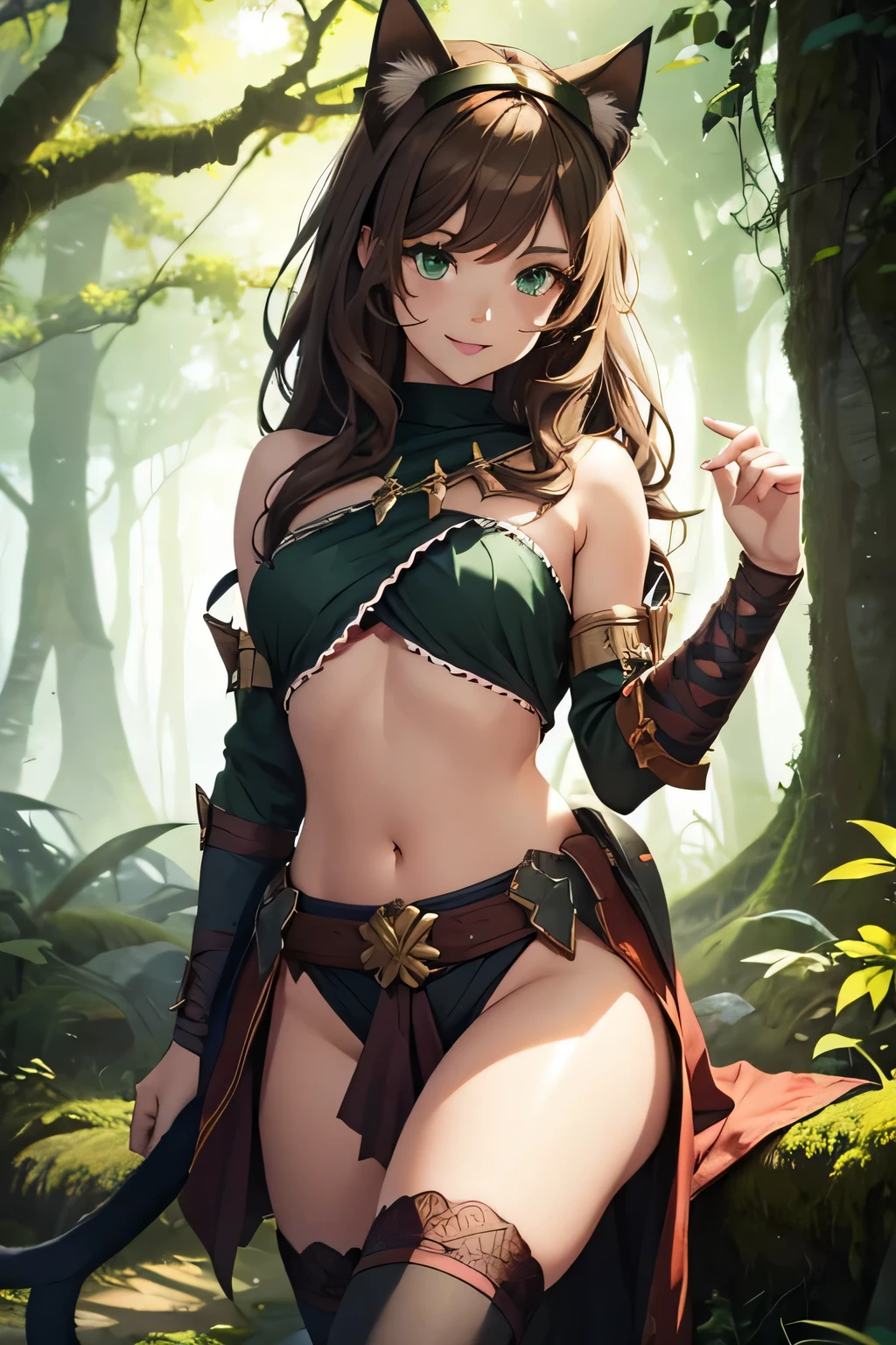 Fantasy setting, forest,Green Eyes, 1 girl, solo, real, top quality, photorealistic, masterpiece, 8K, solo, hd face, soft lighting, ((daytime)), sky, (looking at camera), (portrait: 0.6), full-body, (medium hair), brown hair: 1.3, lips, bright smile, Floating hair, smiling wide, open mouth, tanned skin, Cat ears, tail, wild girl, Druid girl,eyelashes, beautiful girl, 