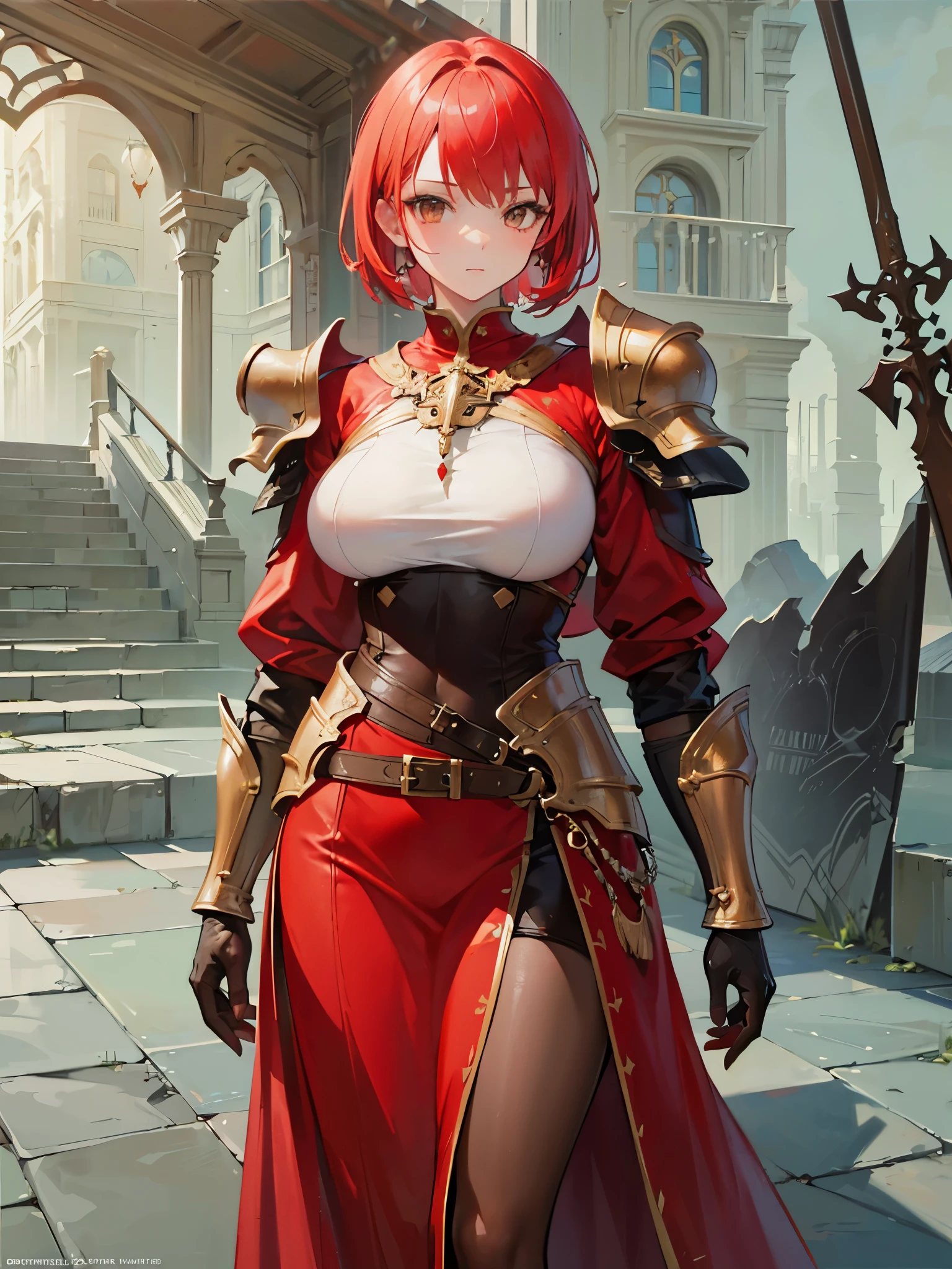 Ultra Detailed, big breast, 1girl, Official Art, Unity 8k Wallpaper, fanart, commissioned art, professional artist, digital art, alluring, ((flat color)), ((celshade)),
human, red hair, brown eyes, dnd cleric classes, red themed armor, heavy armor, short hair, leather gloves, cleric skirts, thighs