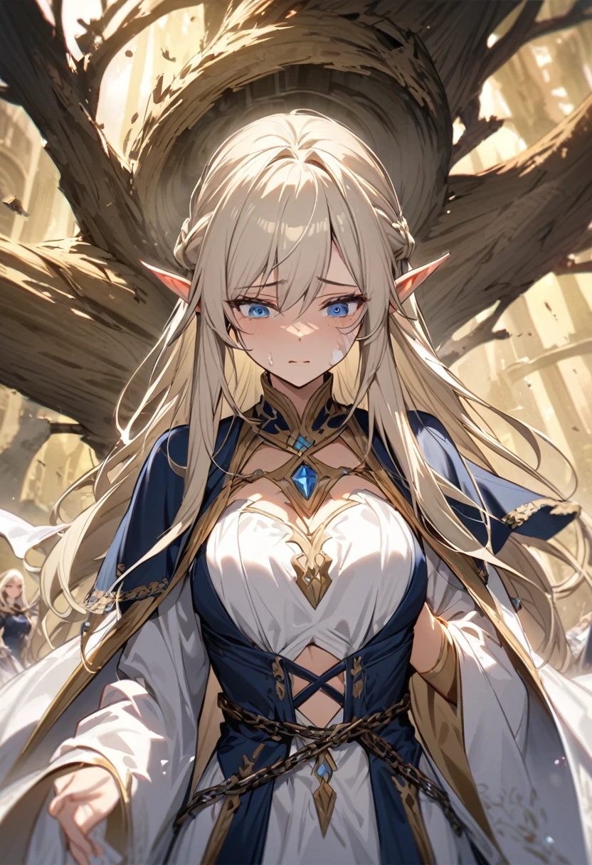 Noble elf maiden, blue eyes, white blonde hair, noble dress, beautiful face, the maiden is wrapped in chains and falls into the vortex of yellow sand from a high altitude and reaches out to me, the vortex of the destroyed western elf city and the huge elf tree, with dust on her face, sad eyes, expression of wanting to say something, high quality, beautiful picture, masterful!