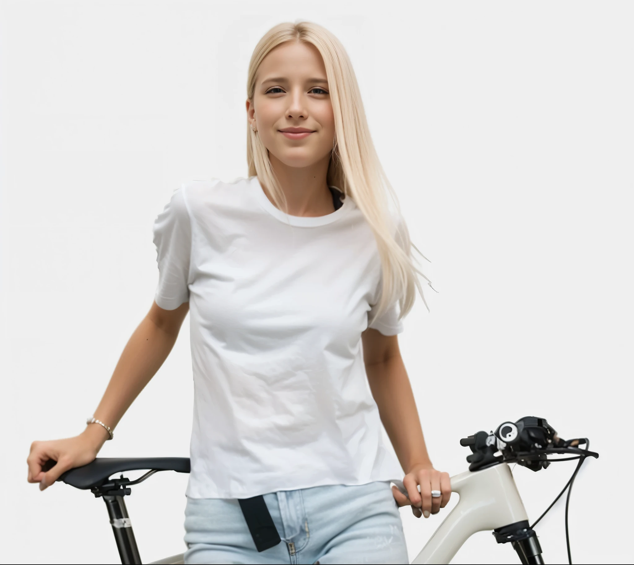 blond woman in white shirt and jeans posing with a bicicleta, sem texto, fundo removido, foto de uma motociclista, unique design, tecnologianology, vestido com uma camiseta branca, advanced tecnologianology, bicicleta, bicicleta in background, detalhado com alta qualidade, rectangle, fundo branco, tecnologia, Sem fundo, Victoria Siemer, design atraente