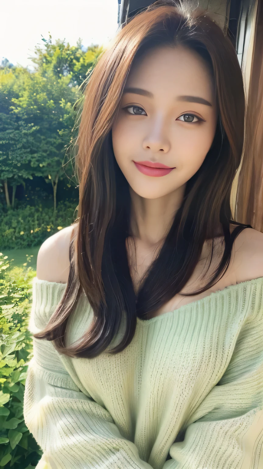 ((highest quality, 8K, masterpiece:1.3)), concentrated:1.2, perfect body beauty:1.4, buttocks:1.2, ((delicate hair)), (Colorful Solid Cold Shoulder Oversized Sweater、 :1.1) , ((highest quality、8K、masterpiece:1.3))、1 girl、A sloppy smile、Full body Esbian、slim face、big 、Beautiful woman、(dark brown hair)、、1.1、flickering valley、detailed eyes、double eyelid、blurred background、超slim face、look down、garden、