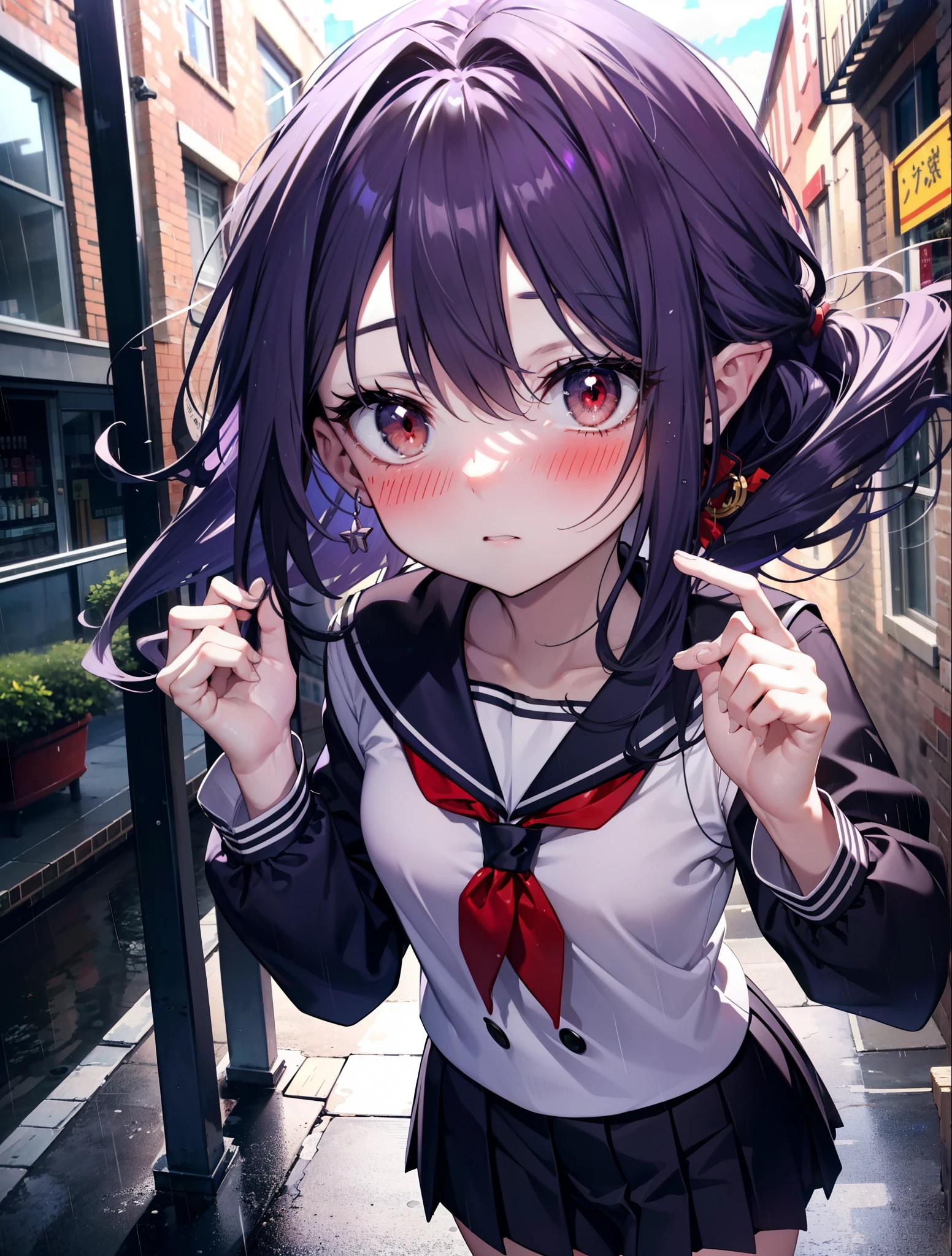 yuukikonno, Yuki Konno, hair band, long hair, pointed ears, purple hair,blush, embarrassing,(red eyes:1.5), (small breasts:1.2),high school girl uniform(Purple sailor suit),Purple pleated skirt,white tights,brown loafers,rain,cloudy,umbrella,umbrellaのグリップを両手で掴んで持っている,evening,
break looking at viewer, Upper body, full body,
break outdoors, city,building street,
break (masterpiece:1.2), highest quality, High resolution, unity 8k wallpaper, (shape:0.8), (fine and beautiful eyes:1.6), highly detailed face, perfect lighting, Very detailed CG, (perfect hands, perfect anatomy),