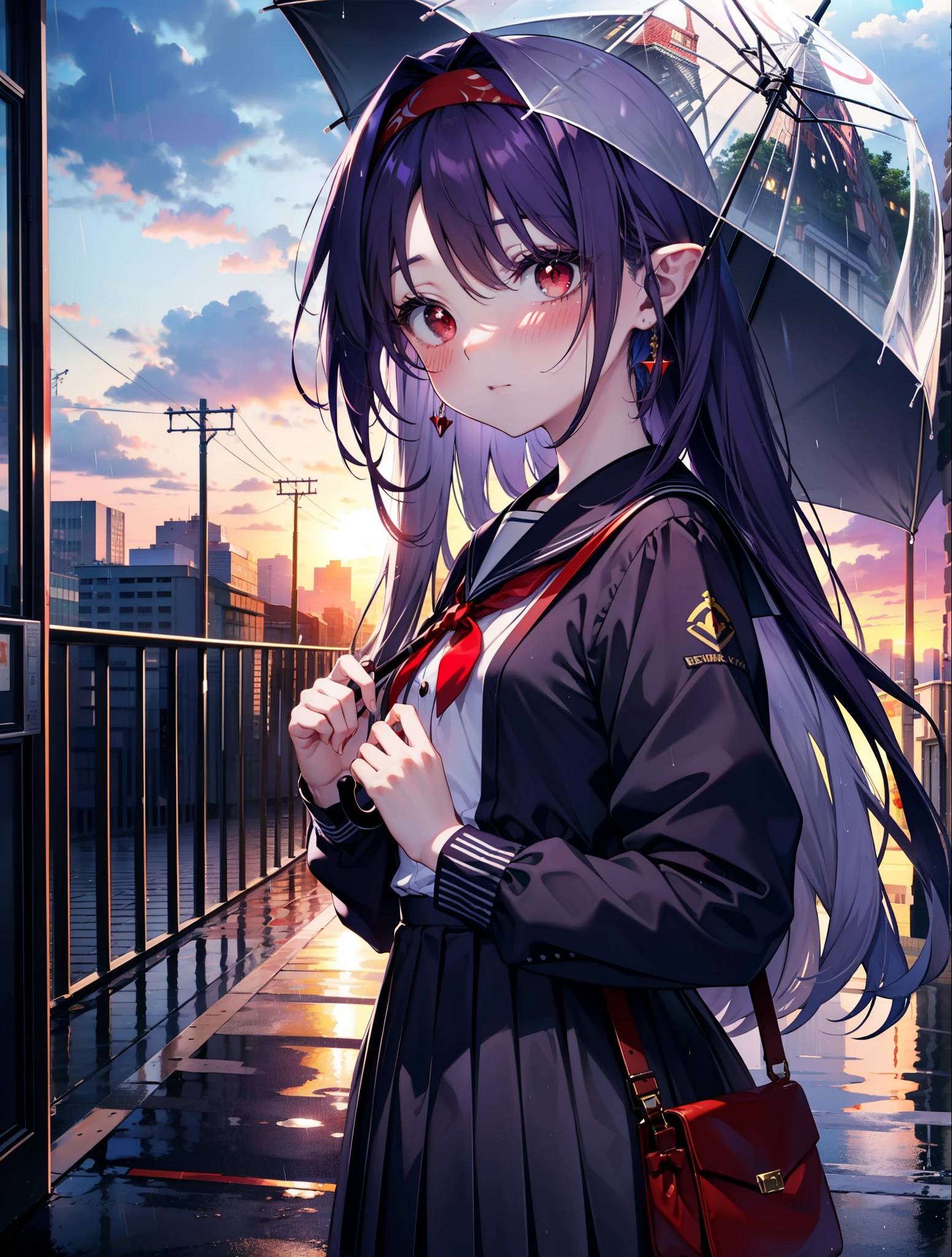 yuukikonno, Yuki Konno, hair band, long hair, pointed ears, purple hair,blush, embarrassing,(red eyes:1.5), (small breasts:1.2),high school girl uniform(Purple sailor suit),Purple pleated skirt,white tights,brown loafers,rain,cloudy,umbrella,umbrellaのグリップを両手で掴んで持っている,evening,
break looking at viewer, Upper body, full body,
break outdoors, city,building street,
break (masterpiece:1.2), highest quality, High resolution, unity 8k wallpaper, (shape:0.8), (fine and beautiful eyes:1.6), highly detailed face, perfect lighting, Very detailed CG, (perfect hands, perfect anatomy),