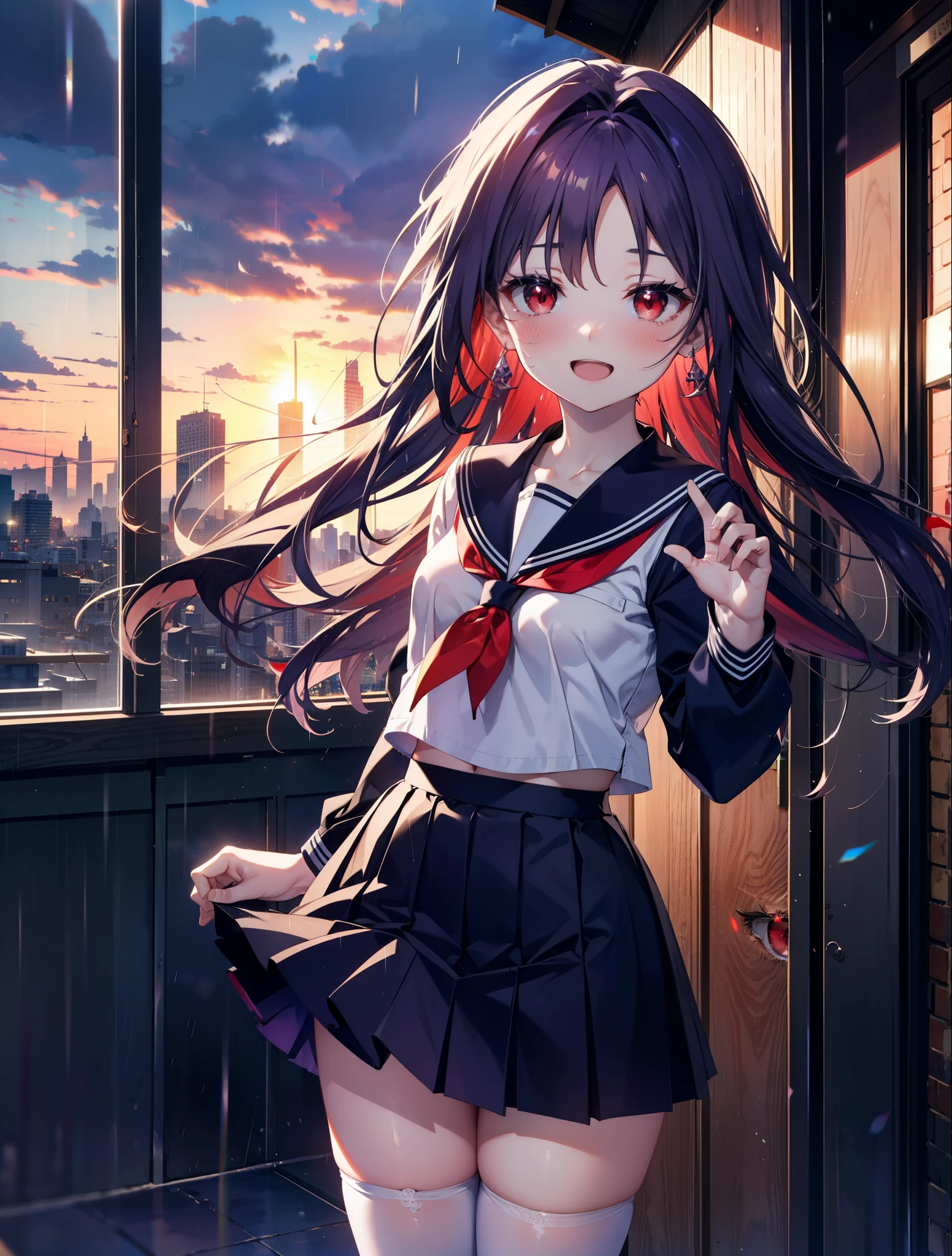 yuukikonno, Yuki Konno, hair band, long hair, pointed ears, Purple hair happy smile, smile, open your mouth,skirt,,(red eyes:1.5), (small breasts:1.2),high school girl uniform(Purple sailor suit),紫のプリーツskirt,white tights,brown loafers,rain,cloudy,evening,建物の屋根でrain宿りしている
break looking at viewer, Upper body, full body,
break outdoors, city,building street,
break (masterpiece:1.2), highest quality, High resolution, unity 8k wallpaper, (shape:0.8), (fine and beautiful eyes:1.6), highly detailed face, perfect lighting, Very detailed CG, (perfect hands, perfect ???????),