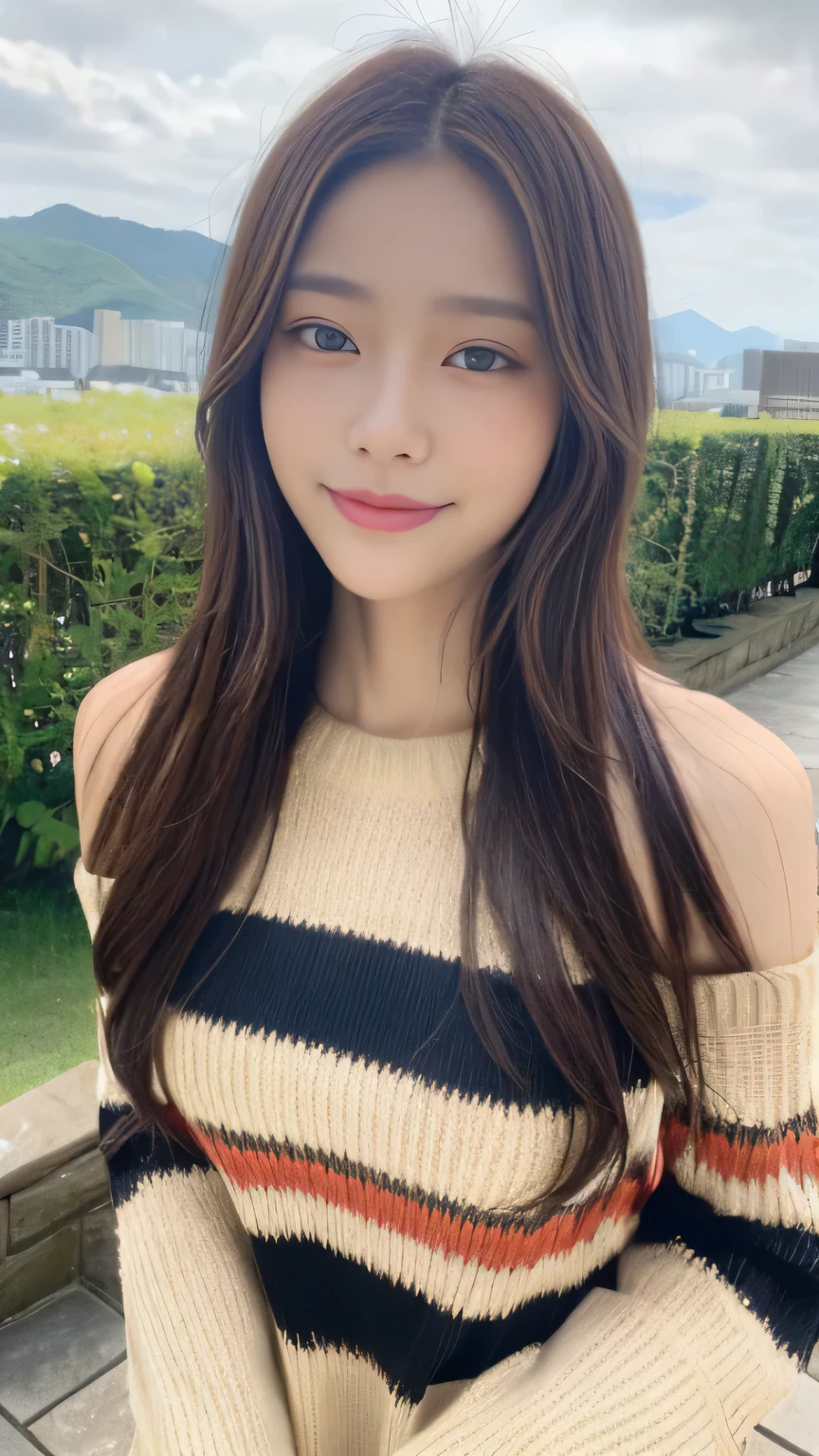 ((highest quality, 8K, masterpiece:1.3)), concentrated:1.2, perfect body beauty:1.4, :1.2, ((delicate hair)), (Colorful Solid Cold Shoulder Oversized Sweater、 :1.1) , ((highest quality、8K、masterpiece:1.3))、1 girl、A sloppy smile、Full body Esbian、slim face、big 、Beautiful woman、(dark brown hair)、、1.1、flickering valley、detailed eyes、double eyelid、blurred background、超slim face、look down、garden、