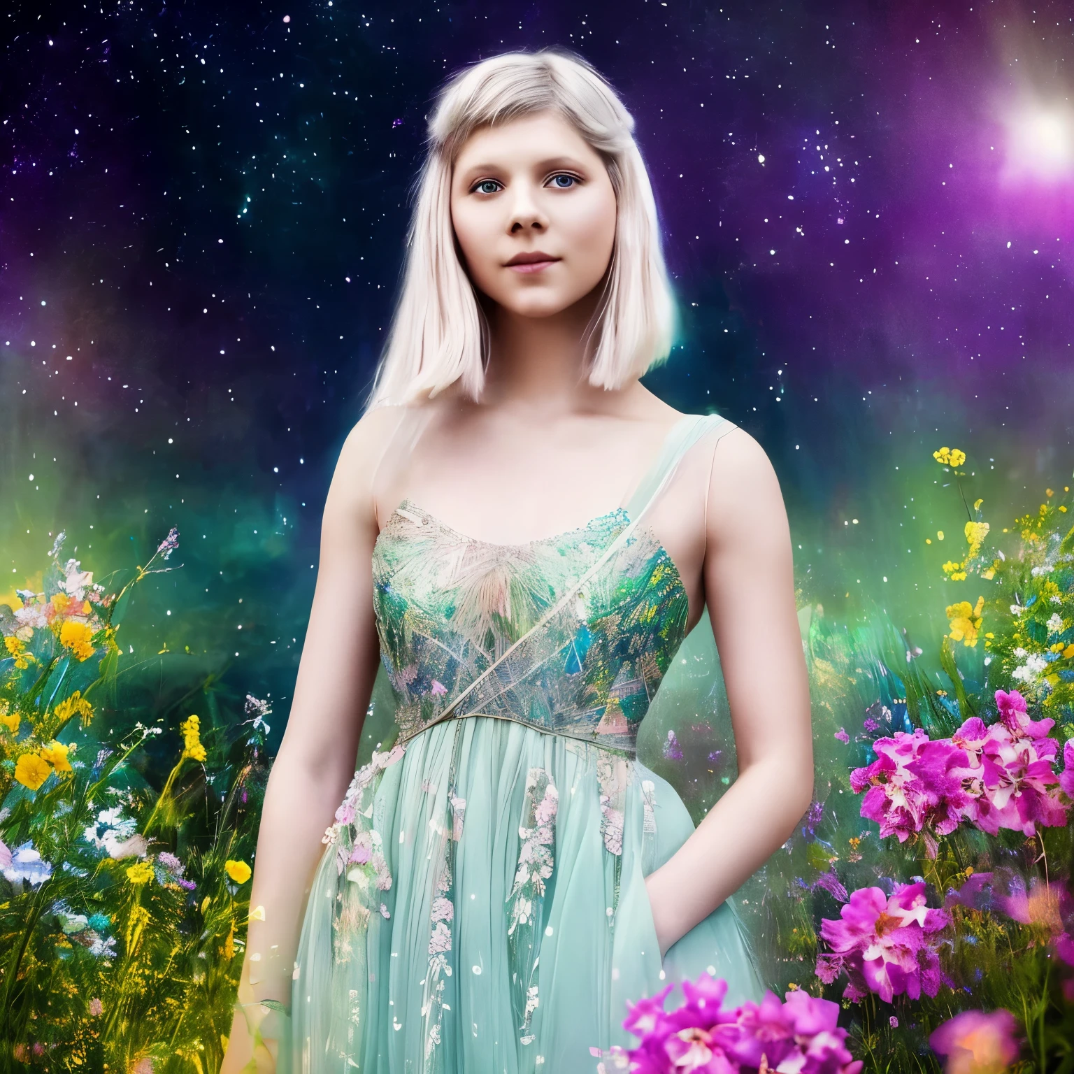 A full body portrait of Aurora Aksnes in a garden at night, with beautiful and detailed eyes and lips. She is standing with a confident and elegant posture, surrounded by vibrant and colorful flowers. The scene is illuminated by the soft glow of the aurora borealis in the night sky. The artwork is created with a mix of digital illustration and realistic rendering, resulting in a high-quality and ultra-detailed masterpiece. The color palette is rich and vivid, capturing the ethereal beauty of the aurora and enhancing the overall dreamlike atmosphere. The lighting emphasizes the delicate features and radiant expression on Aurora's face, highlighting her natural beauty in a mesmerizing way.