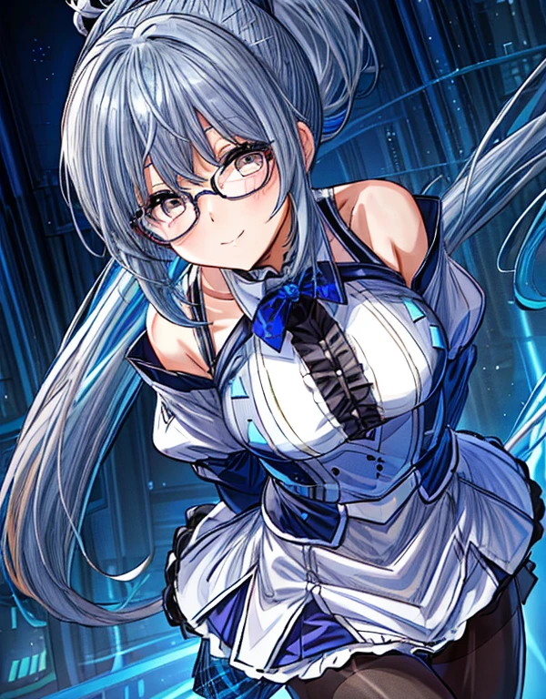 
1 girl、solo、(((Blue and silver hair、right ponytail)))、chest、look at the viewer、blush、smile、hair accessories、、Busty、whole body、pantyhose、、黒のpantyhose、exposed arms、太ももにバンドが付いたpantyhose、(((Glasses with cute frames)))