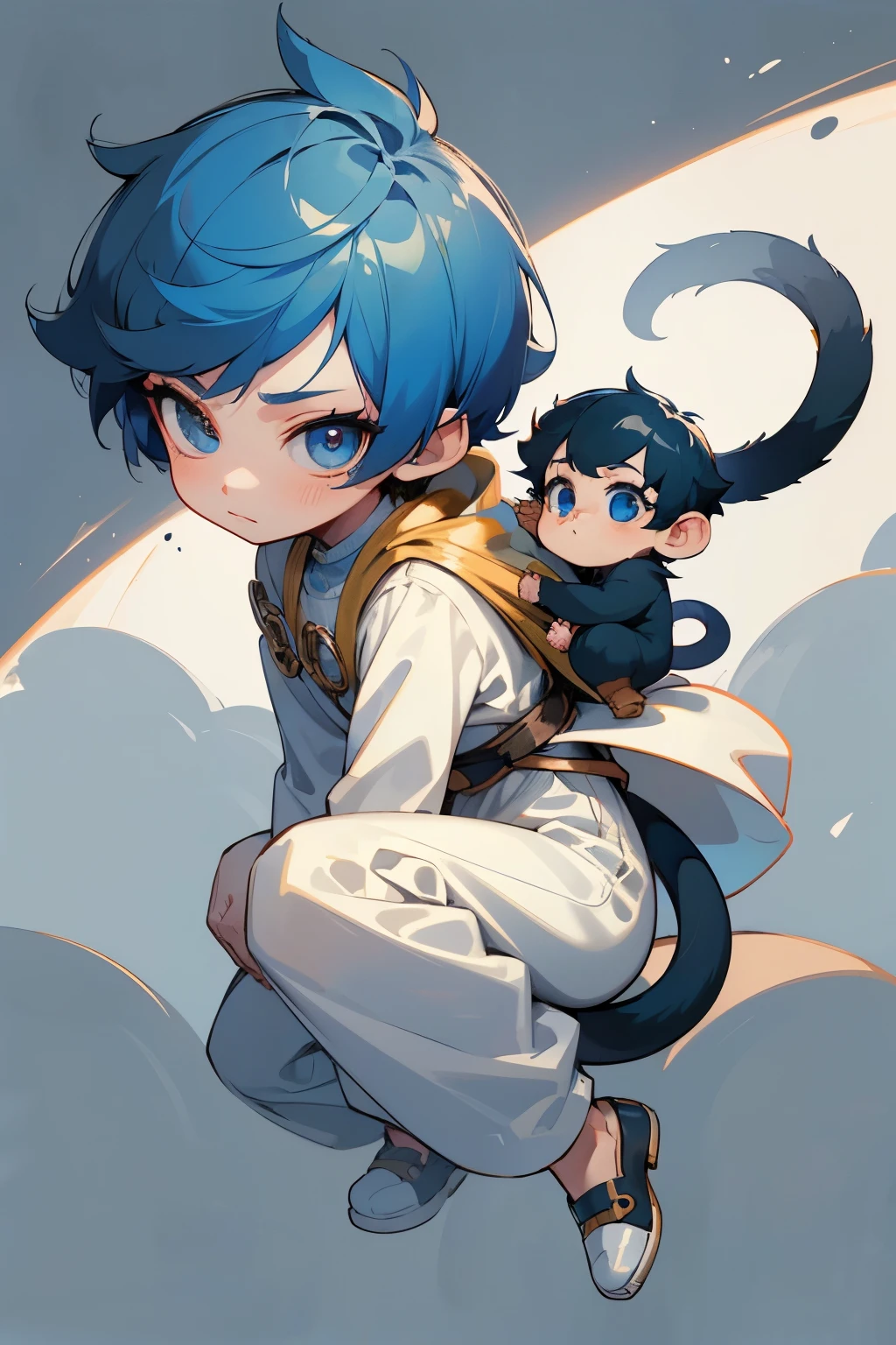 boy, full body, monkey character, monkey style tail, cute, catoon style, chibi style, beautiful face, beautiful eye, high detailed pupil, double eyelid, high quality skin, blue color hair, very short cut hair, white clothes, masterpiece,