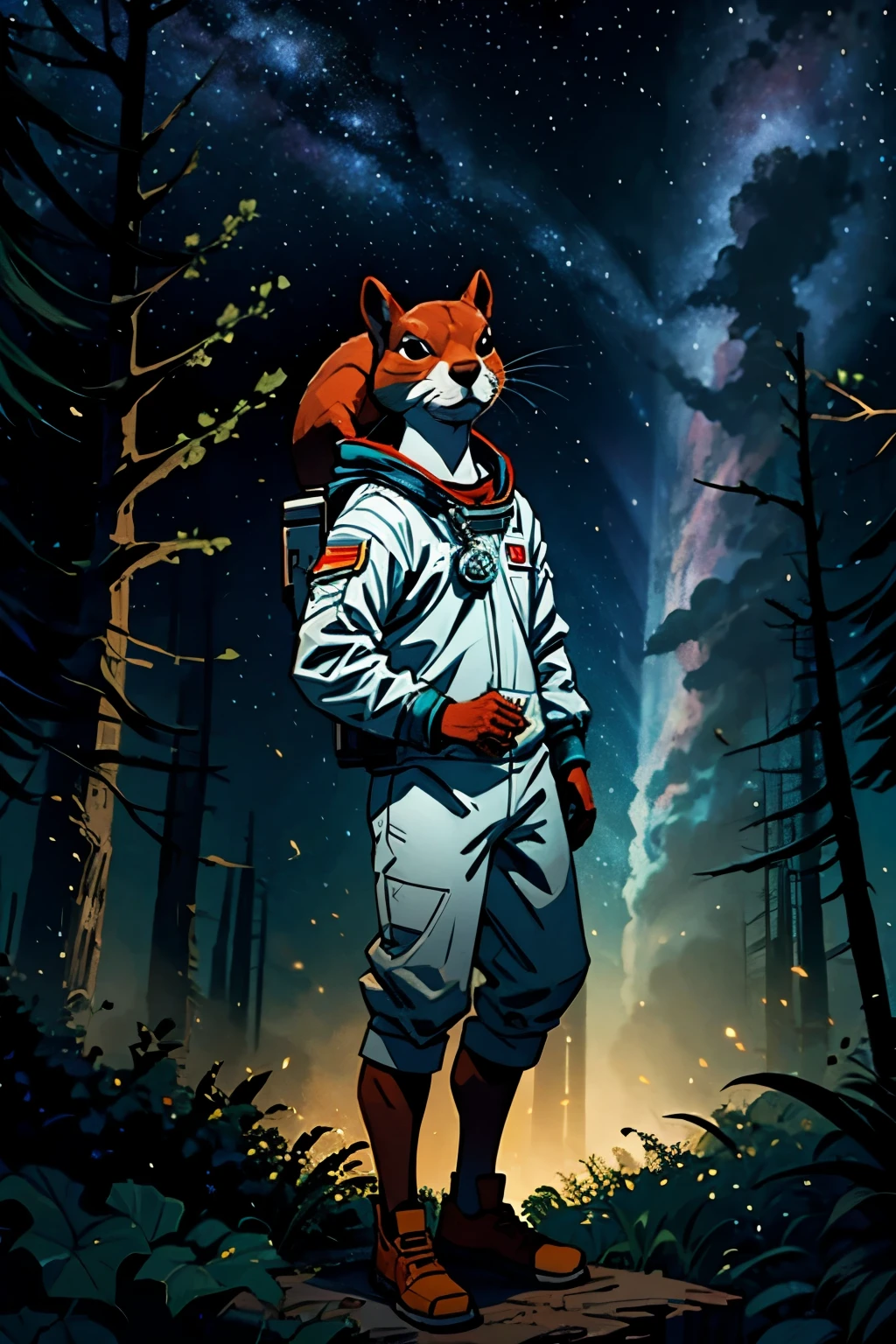 An astronaut squirrel stands in the forest against the background of the starry sky