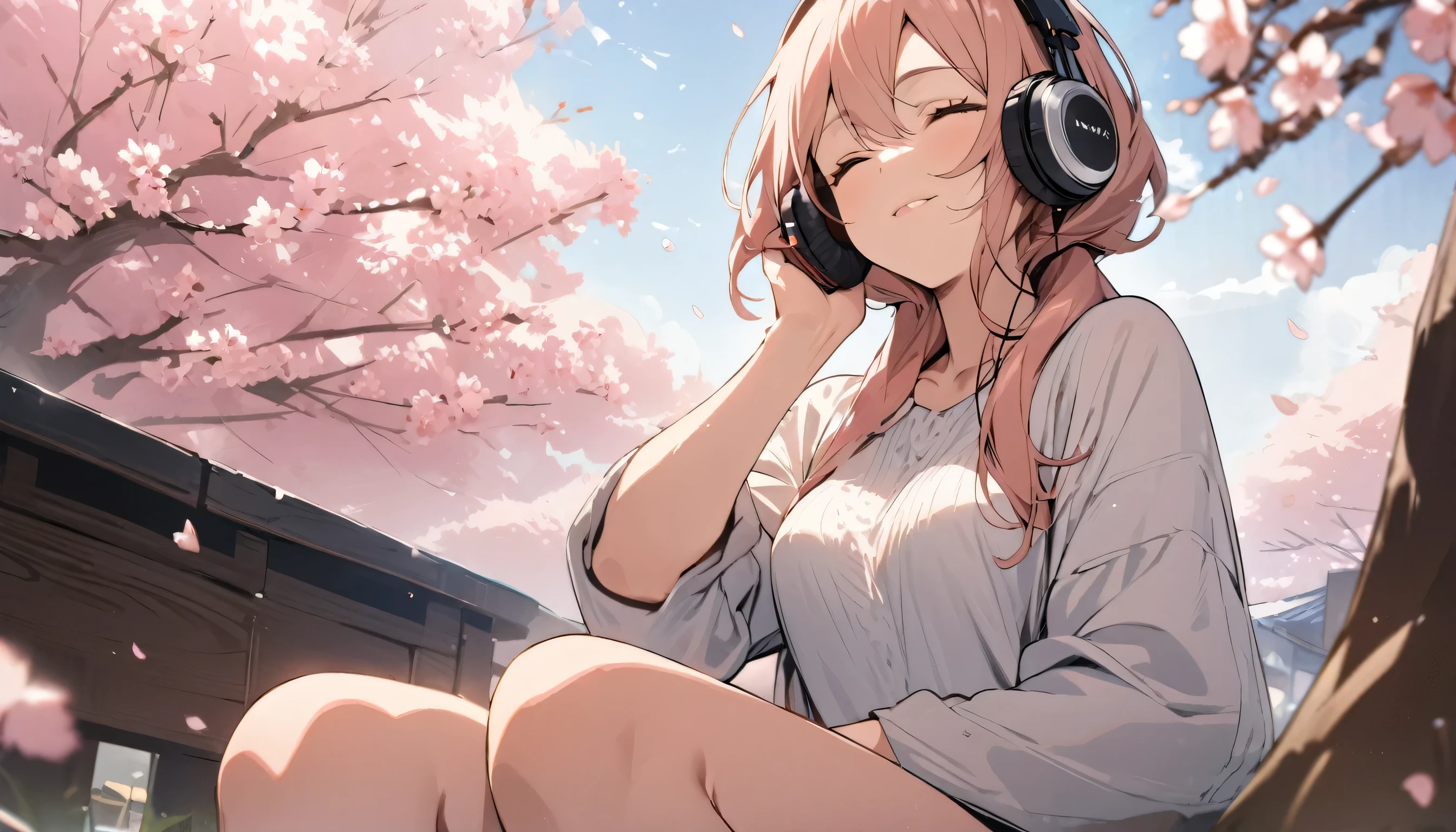 ((best quality)), ((masterpiece)), (detailed), perfect face, sitting under the cherry blossom tree, listening to music, One woman, wearing headphones, eyes closed, wearing underwear, underwear is transparent