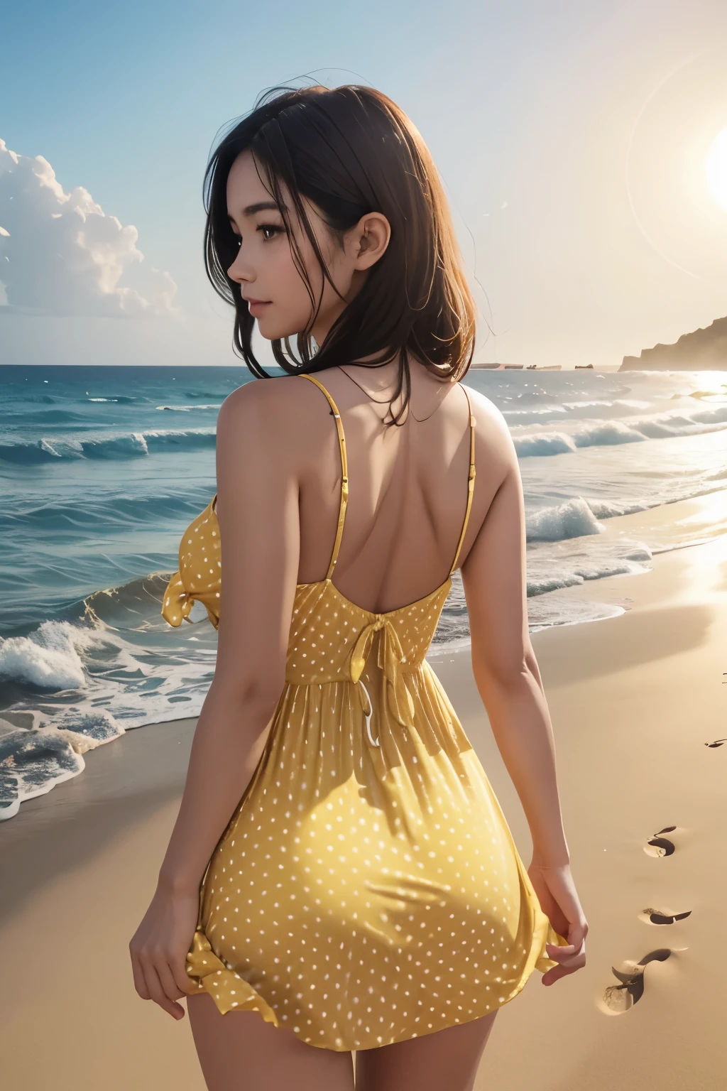 Linda mulher de 30 anos, na praia, yellow sun dress with transparent polka dots with ties, from behind, bulging medium breasts, 8k, Ray tracing, KINEMATIC LIGHTING, sensual position, she has dust beach in your body, soft sunlight on the body, areia na bunda, attention to the details, do not include extra hands, deitada na areia de costas