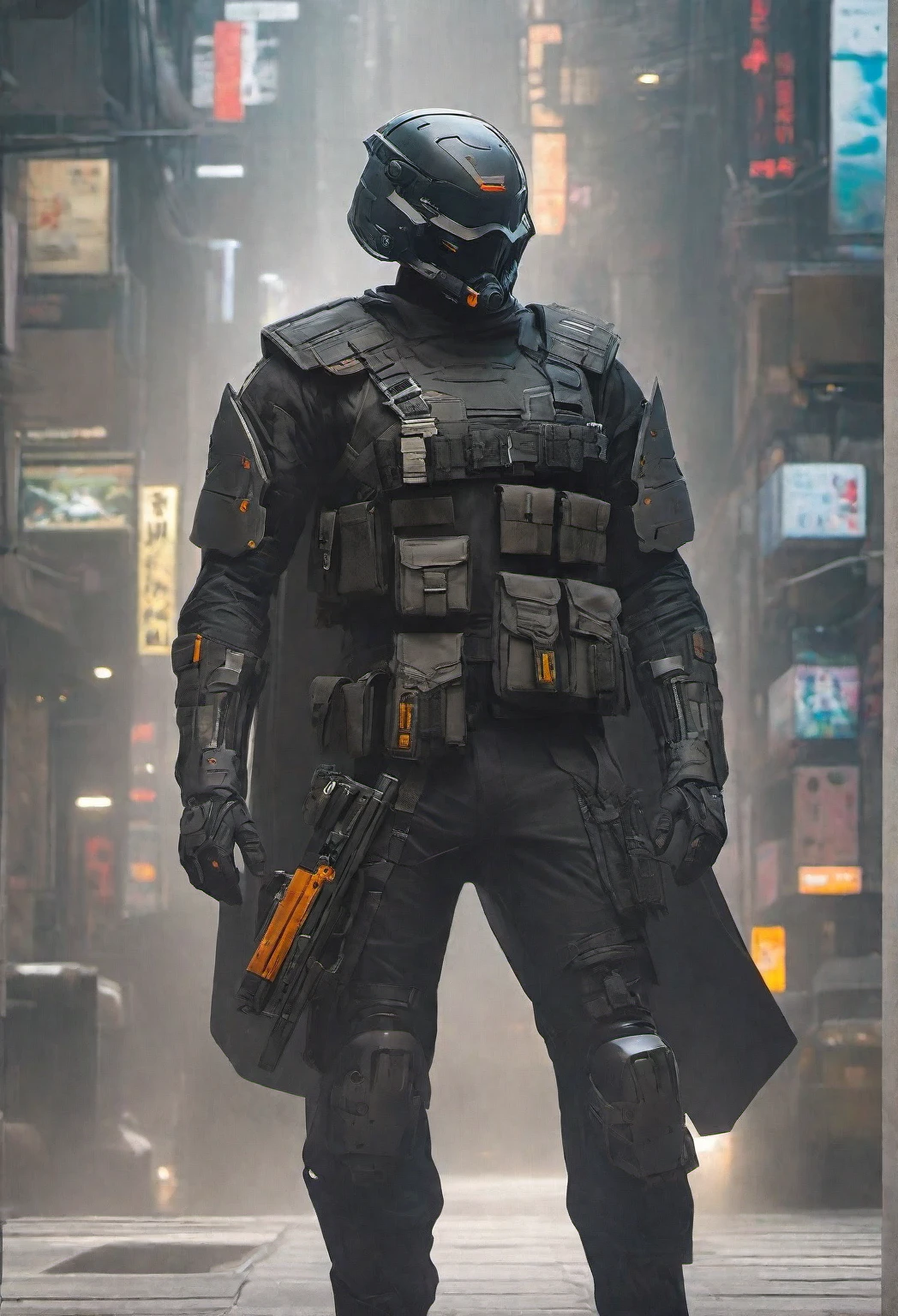 high-res, masterpiece, best quality, Helmet with a tactical armour, Visor, Shoulder pads, Utility belt, Cyberpunk, futuristic, sharpness, cyberpunk city, insta pic, photo of the year, Tactical vest with ammo pouches, A black cape behind him flowing in the wind, Thigh gun holster,