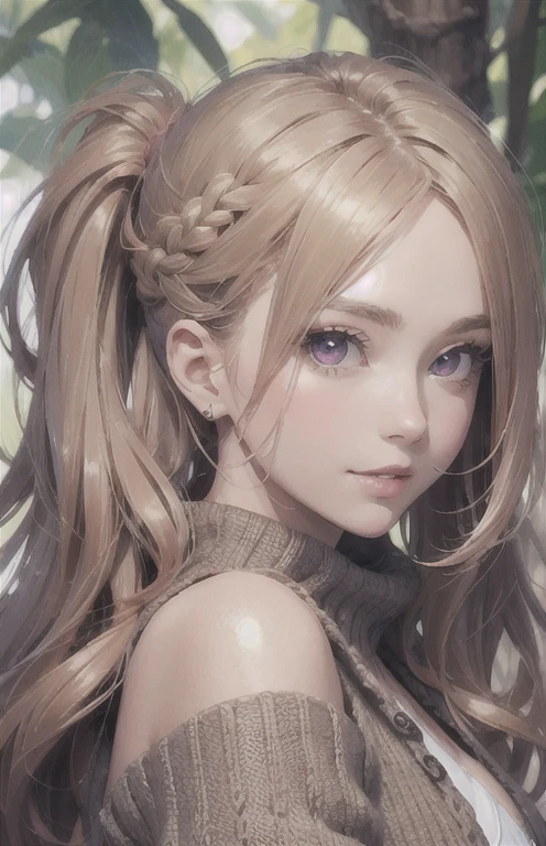 masterpiece、highest quality、High resolution、high quality images、8K, 1 female、skin luster、Texture of skin and clothing、Expression of fine eyes、Shiny bright golden hair,Girl with long braided hair, Manga inspired by Lee Jong-suk, trending on deviantart, realism, detailed manga style, manga art style, perfect line drawing, beautiful line drawing, digital manga art girl, K-POPアイドル, Beautiful pink eyes, pink eyes , plump lips, detailed gorgeous face, (cute smile), charm, innocent, Side view, (perfectly detailed face), (fine hands) photorealistic images, Depth of written boundary, ponytail hairstyle, Corolla on the head , loose and light knitwear、Shoulder knitwear , show your shoulders , I can see the cleavage , autumn leaves , autumn leaves ,美しいautumn leaves,romanticism,