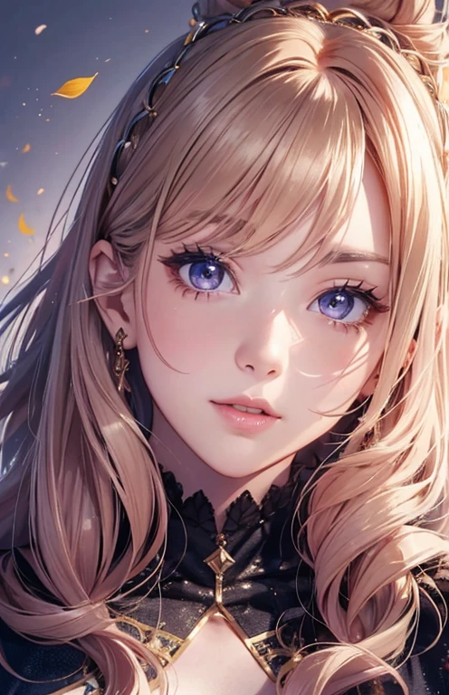 masterpiece、highest quality、High resolution、high quality images、8K, 1 female、skin luster、Texture of skin and clothing、Expression of fine eyes、Shiny bright golden hair,Girl with long braided hair, Manga inspired by Lee Jong-suk, trending on deviantart, realism, detailed manga style, manga art style, perfect line drawing, beautiful line drawing, digital manga art girl, K-POPアイドル, Beautiful pink eyes, pink eyes , plump lips, detailed gorgeous face, (cute smile), charm, innocent, Side view, (perfectly detailed face), (fine hands) photorealistic images, Depth of written boundary, ponytail hairstyle, Corolla on the head , loose and light knitwear、Shoulder knitwear , show your shoulders , I can see the cleavage , autumn leaves , autumn leaves ,美しいautumn leaves,romanticism,