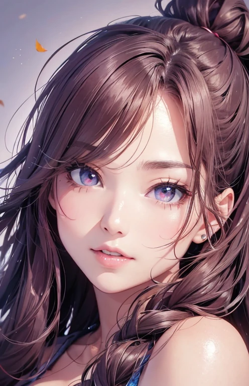 masterpiece、highest quality、High resolution、high quality images、8K, 1 female、skin luster、Texture of skin and clothing、Expression of fine eyes、Shiny bright golden hair,Girl with long braided hair, Manga inspired by Lee Jong-suk, trending on deviantart, realism, detailed manga style, manga art style, perfect line drawing, beautiful line drawing, digital manga art girl, K-POPアイドル, Beautiful pink eyes, pink eyes , plump lips, detailed gorgeous face, (cute smile), charm, innocent, Side view, (perfectly detailed face), (fine hands) photorealistic images, Depth of written boundary, ponytail hairstyle, Corolla on the head , loose and light knitwear、Shoulder knitwear , show your shoulders , I can see the cleavage , autumn leaves , autumn leaves ,美しいautumn leaves,romanticism,