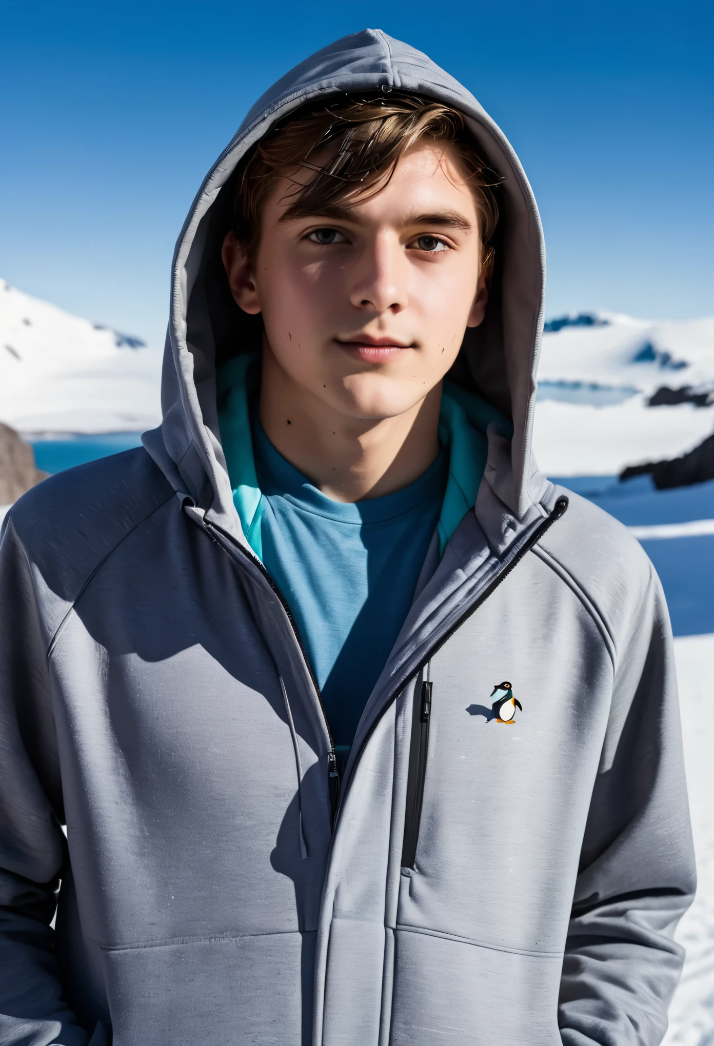 A 20 year old penguin man in a hoodie jacket with a polarized shade