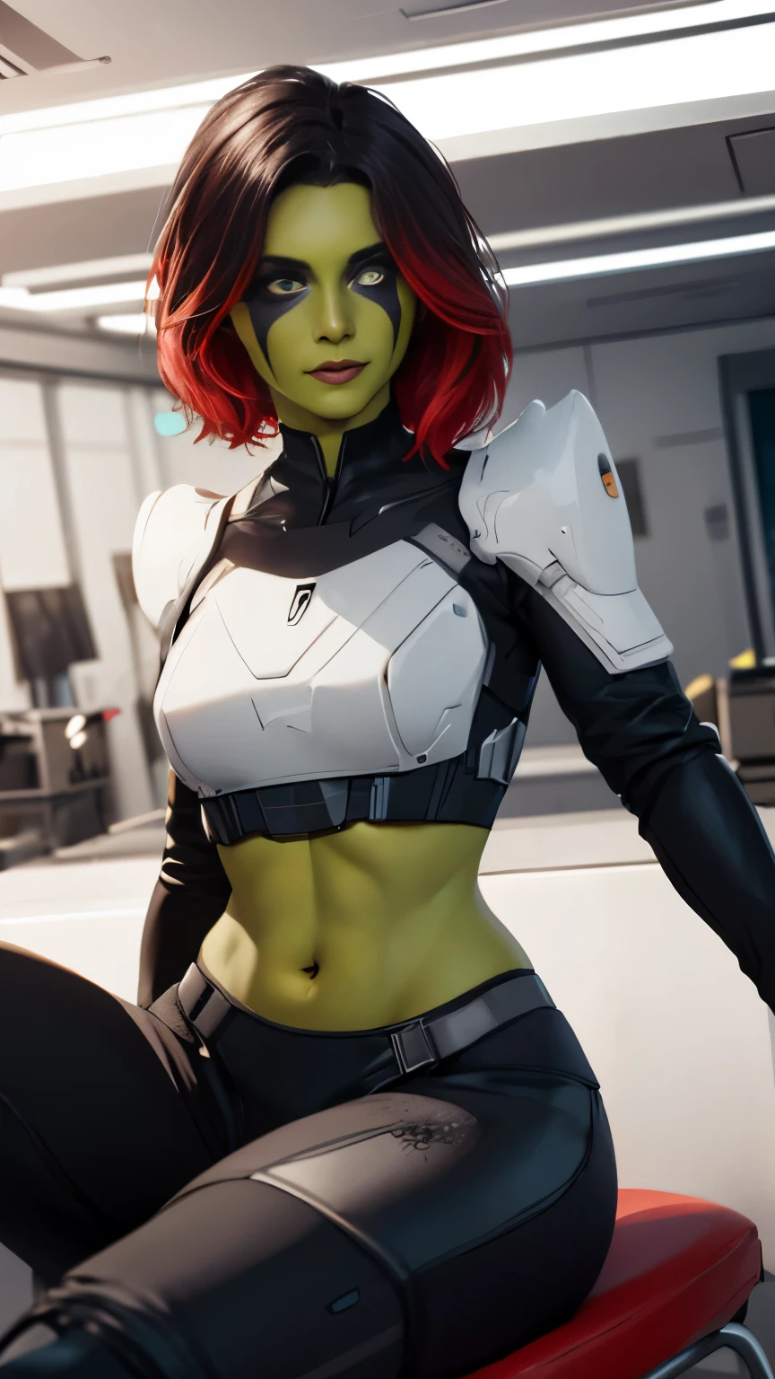 (Highly quality, masterpiece, detailed), science fiction city detailed scenario, science fiction detailed background, solo, 1woman, Gamora, green skin, multicolored hair, hair over one eye, black and white crop top 1.3, Abdomen, black and white leggings, armor, gloves, sleeves, perfect faces, sitting on a chair, light smile, beautiful eyes, looking at the viewer, Sexy pose