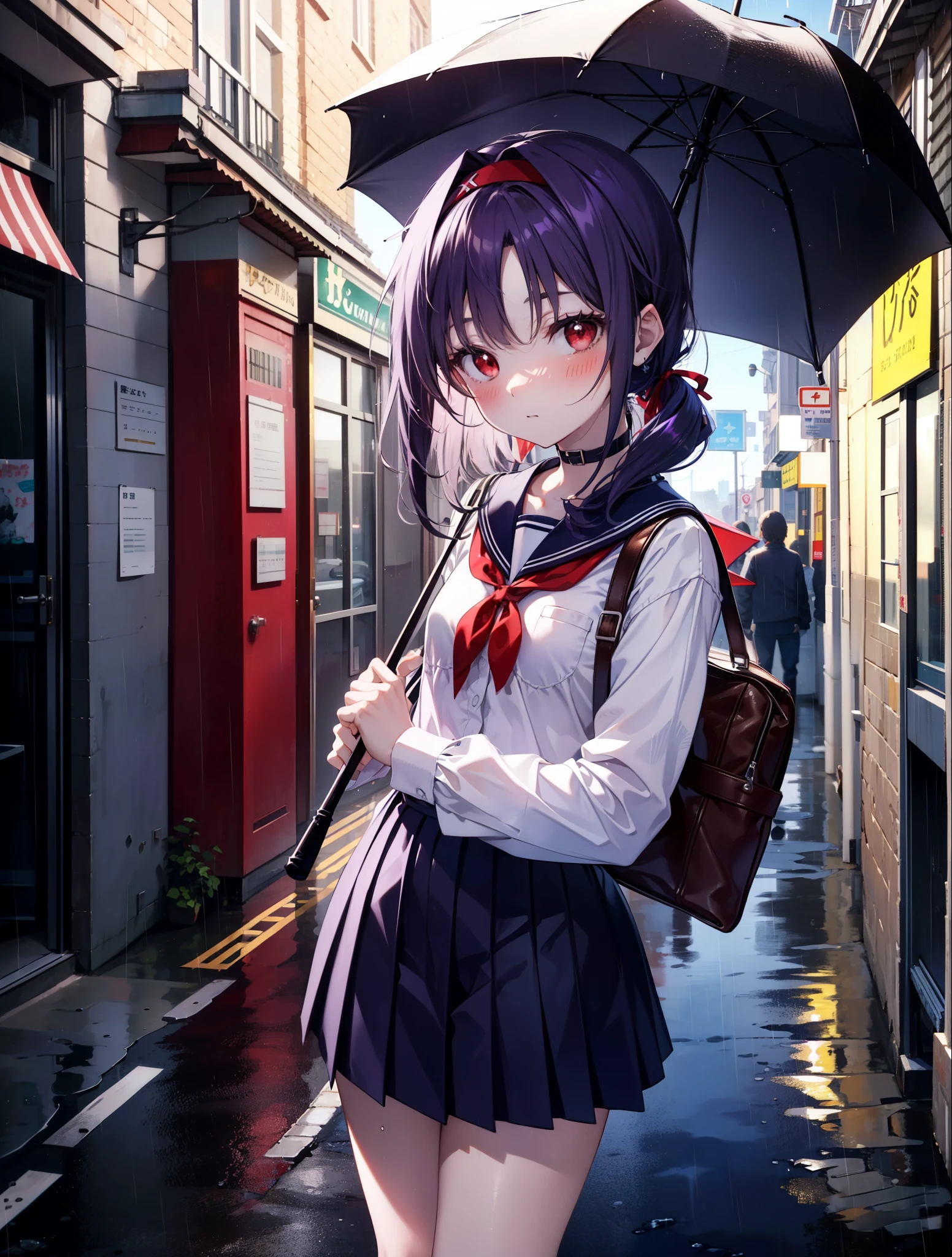 yuukikonno, Yuki Konno, hair band, long hair, pointed ears, purple hair,blush, embarrassing,(red eyes:1.5), (small breasts:1.2),high school girl uniform(Purple sailor suit),Purple pleated skirt,white tights,brown loafers,rain,cloudy,umbrella,umbrellaのグリップを両手で掴んで持っている,evening,
break looking at viewer, Upper body, full body,
break outdoors, city,building street,
break (masterpiece:1.2), highest quality, High resolution, unity 8k wallpaper, (shape:0.8), (fine and beautiful eyes:1.6), highly detailed face, perfect lighting, Very detailed CG, (perfect hands, perfect anatomy),