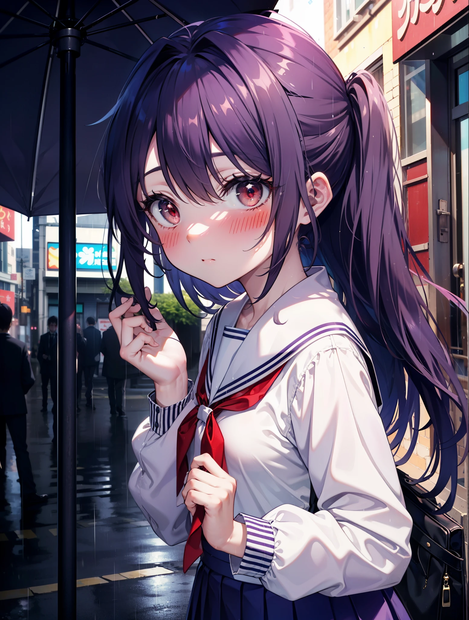 yuukikonno, Yuki Konno, hair band, long hair, pointed ears, purple hair,blush, embarrassing,(red eyes:1.5), (small breasts:1.2),high school girl uniform(Purple sailor suit),Purple pleated skirt,white tights,brown loafers,rain,cloudy,umbrella,umbrellaのグリップを両手で掴んで持っている,evening,
break looking at viewer, Upper body, full body,
break outdoors, city,building street,
break (masterpiece:1.2), highest quality, High resolution, unity 8k wallpaper, (shape:0.8), (fine and beautiful eyes:1.6), highly detailed face, perfect lighting, Very detailed CG, (perfect hands, perfect anatomy),