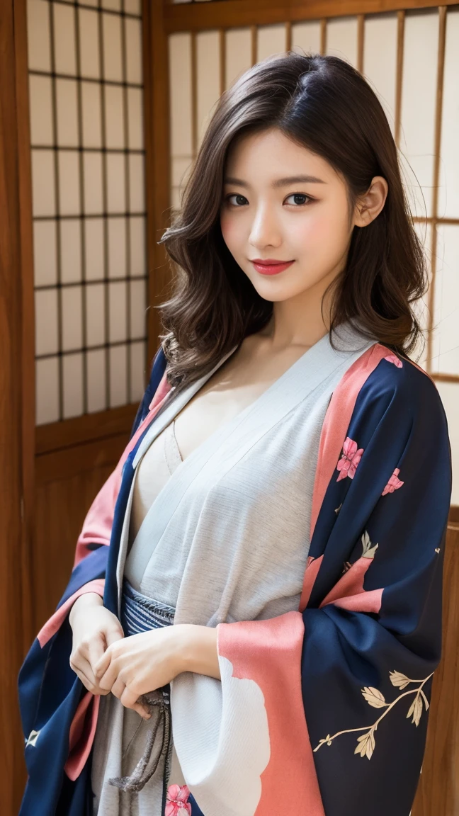 shrine、Colorful kimono、open chest、I'm not wearing anything inside、full body shot、NiziUAYAKA、 4K、1people's women、slender、 Loose wavy styling 、seductive and attractive、Including face and skin texture.,detailed eyes、A soothing expression with a smile