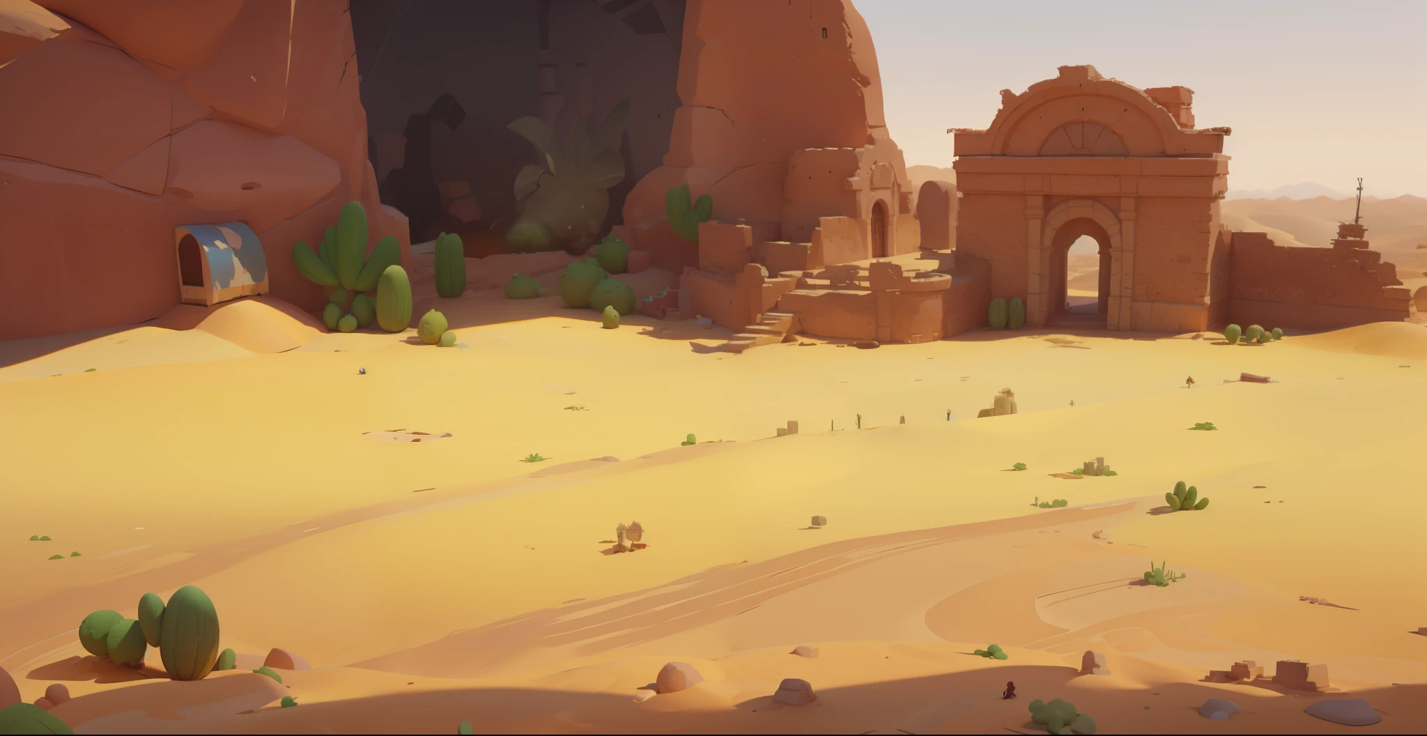 3D model HD rendering, 3D, architectural rendering, orthographic isometric view, 45-degree angle, (gray background), high detail, film, global illumination, realistic lighting, Unreal Engine rendering, Substance 3D, octane rendering, (hdr:1.3) , ( gun weapon Factory), cartoon style, desert, lava, stones, dust, sky, trees, cracks, yellow sky, many clouds