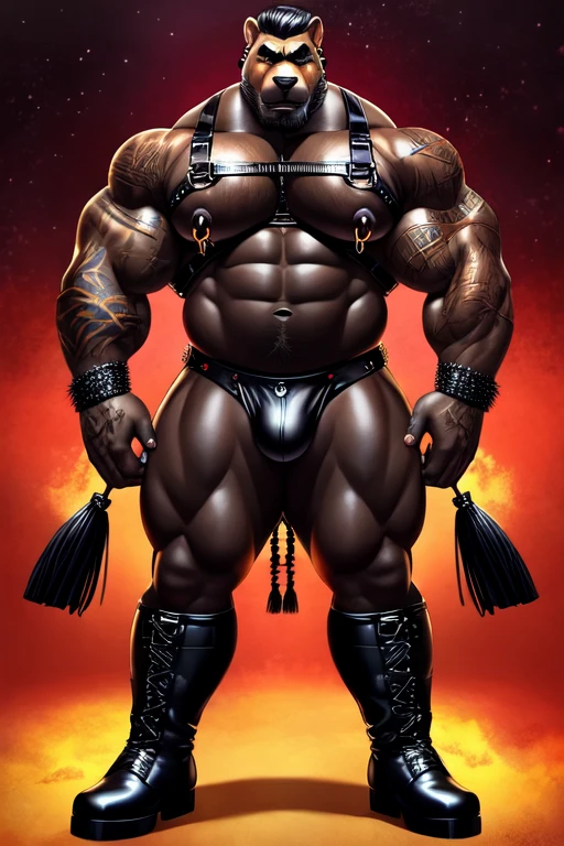 Bara furry, leather daddy, muscular male, older male, covered in tattoos, covered in scars, large golden nipple rings, tassels on nipple rings, wearing black leather chest harness, wearing black leather speedo, wearing black leather boots, a bit of belly, big pecs, broad shoulders, porn star, advertisement