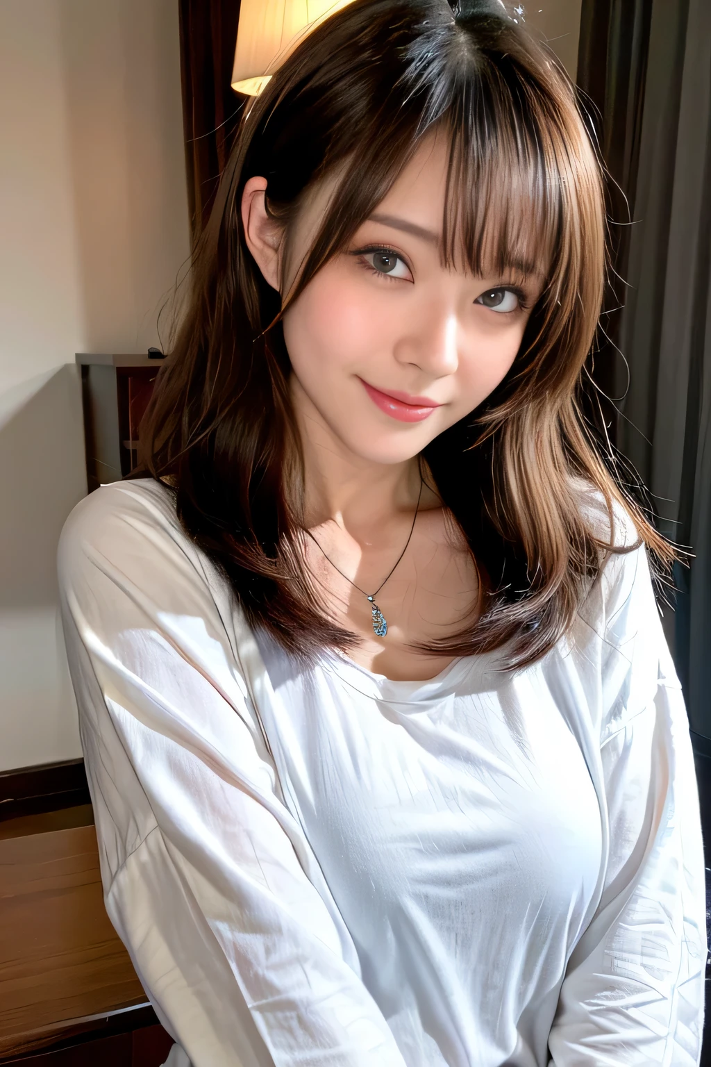 ((highest quality, 8K, masterpiece: 1.3)), concentrated: 1.2, cute girl 1,nipples erect、Braless walk、 perfect beauty: 1.4,hoodie: 1.2,long sleeve、randal color、comics&Text Graphics、Black ruffle-trimmed drawstring zip blouse,1.1, Highly detailed face and skin textures, fine eyes, double eyelid, whitening skin, ,highest quality,ultra high resolution,you,1 girl,alone,_shiny_skin,black eye,necklace,((Brown_length_wavy_hair)),(lips)),eyelash,front hair,deal with,compensate,shiny,pore,skin texture,big breasts、smiling face、living、