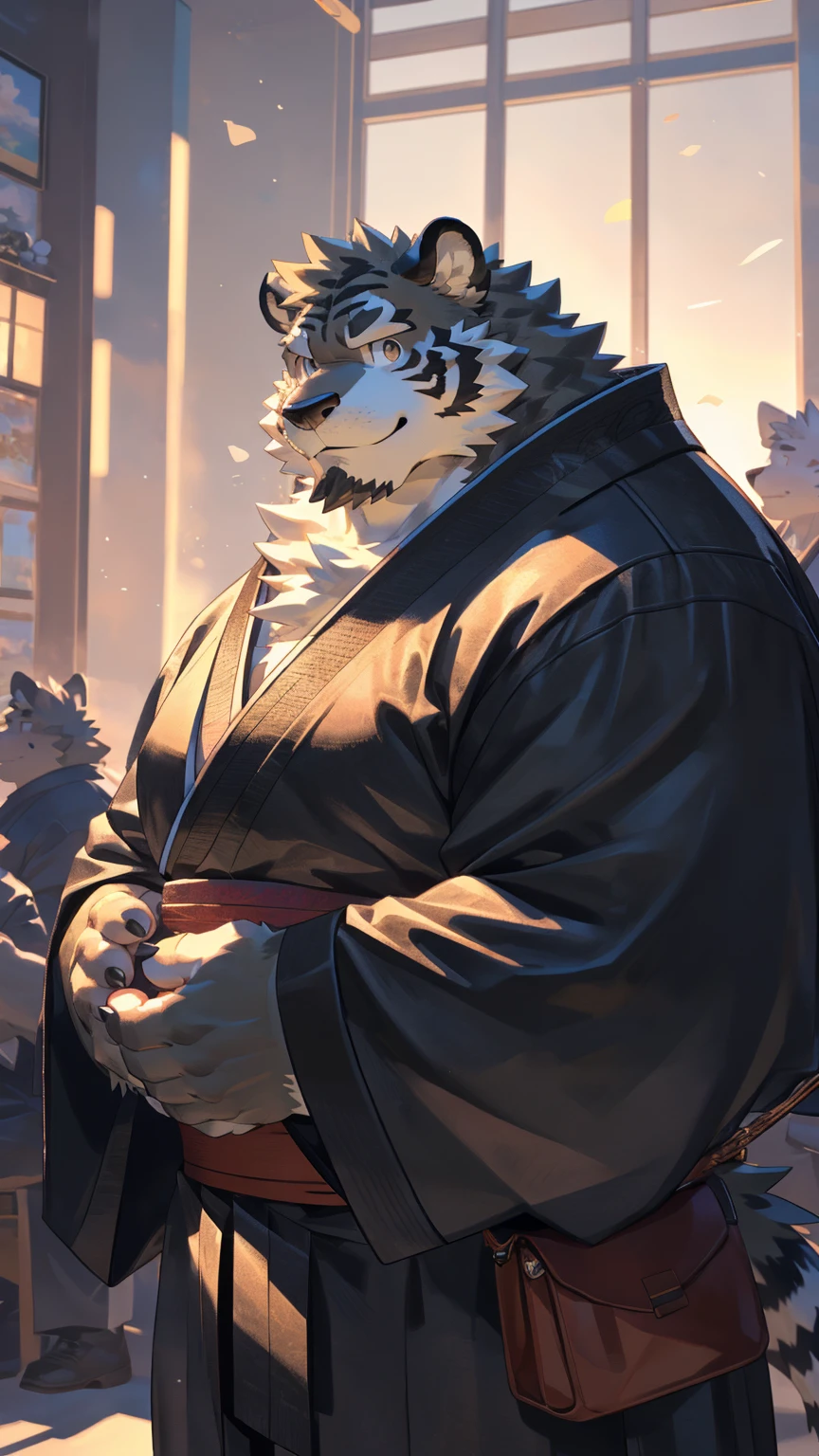 alone, ((Fluffy fur, Fluffy, hairy body)), detailed Fluffy fur, Detailed face, delicate Eye, Dynamic poses, (Super detailed), Sharp focus, Genji, Eye, hairy, (Gray black fur:1.5), White beard, human nature (black tiger), chest hair，male, middle aged, White belly, Increase chest muscles(((Muscular))), (endomorph body type:0.4), Not too fat, rest ((White trench coat，sunglasses，Swimming pants，Exposed breasts)), ultra Detailed face, High Detail, high quality, (best quality,4K,8K,High resolution,masterpiece:1.2), (close up:1.3), author：Takemoto Arashi, By Kulplant, author：ghost of emptiness, From raccoon21, Dynamic Lighting, Smile, (whole body:1.4), looking at the audience, eternal, close up肖像, indoorHigh resolution, 用hand托住肚子, hand.详细的hand，hot spring