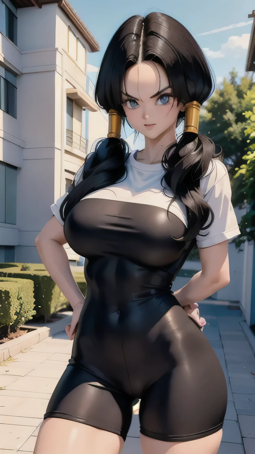 (((obra maestra))),Mejor calidad (( 1 mujer sola)), ((camisa blanca)), ((mini shorts negro de licra spandex ajustados)) , ((piernas fuertes ))Hay una 30 years old perfec body mujer con camisa blanca muy larga y guantes , con curvas , videl, cosplay realista, videl , anime hiperrealista, anime 3d realista, videl, cuerpo perfecto fotorrealista, sudor muscular, ((guantes negros)), ((cabello con coletas)), alto detalle 8K, piel perfecta. 12K HDR