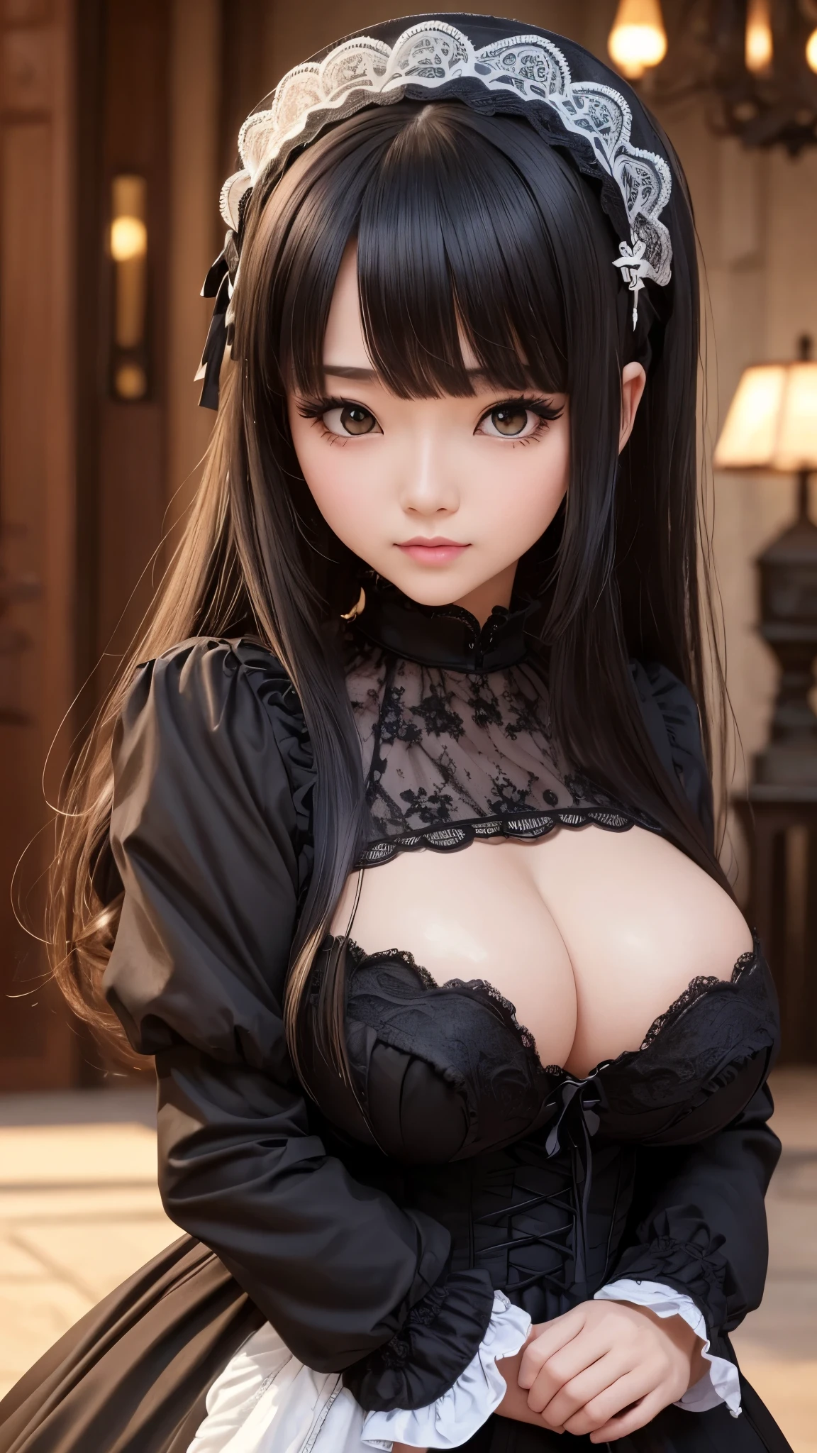 ((highest quality)), ((8k)), (detailed face), (highlight), Asian、woman、Big breasts、bangs、black hair、gothic ta、