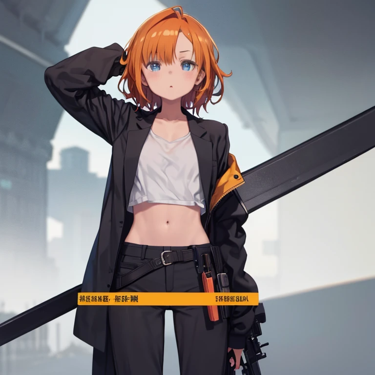 masterpiece, highest quality、Medium wide shot、cowboy shot、1. A girl with beautiful eyes、orange hair、medium hair、Navel-revealing shirt、Short jacket、black jacket、black pants、gun belt、