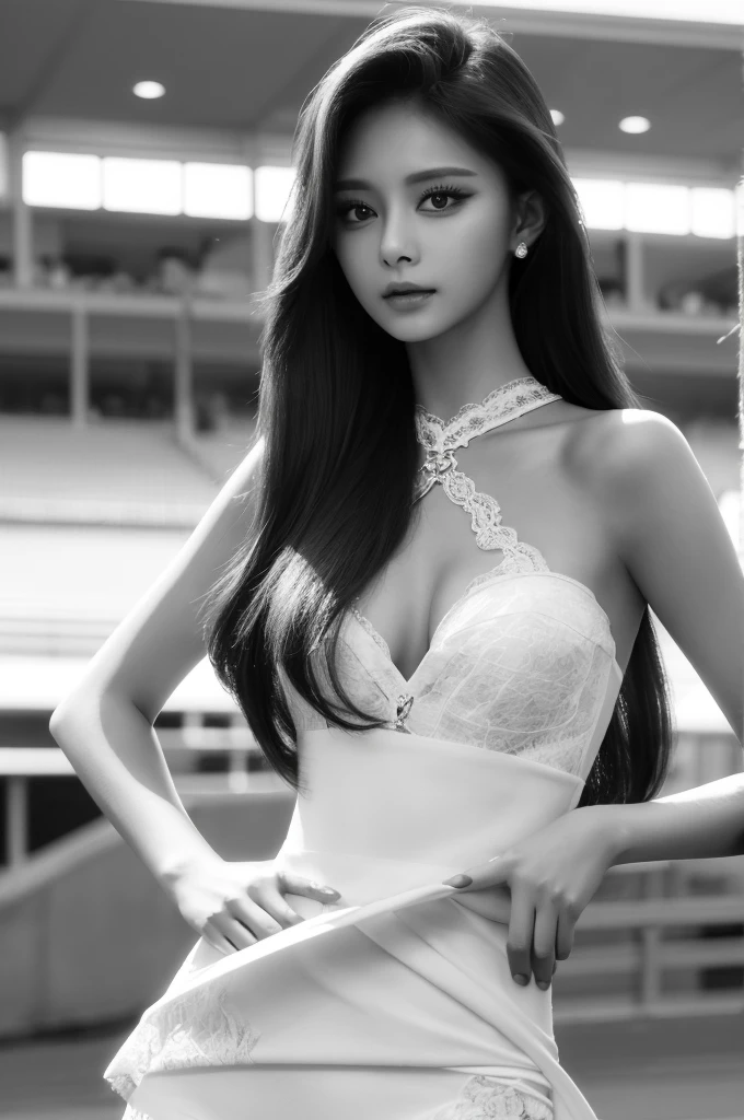 Tzuyu 1, woman, (realistic), (hyper realism), (photorealistic), Depth of the bounds written, eye make up:0.7 (whole body:1.2), (tight waist), looking at the viewer,at the racing track, lace queen, Sexy dress with open shoulders and chest