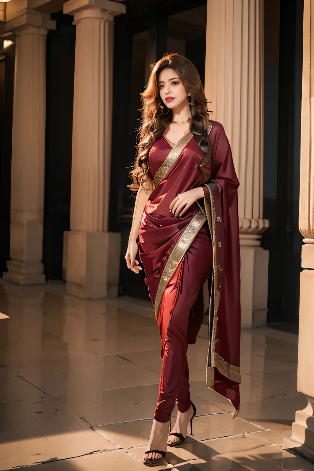 Wavy curly hair，Heavy makeup，Red lips, suit salwar，Clear silk pantyhose，Black stiletto heelature，By bangs indian girl，Ancient architecture, standing 