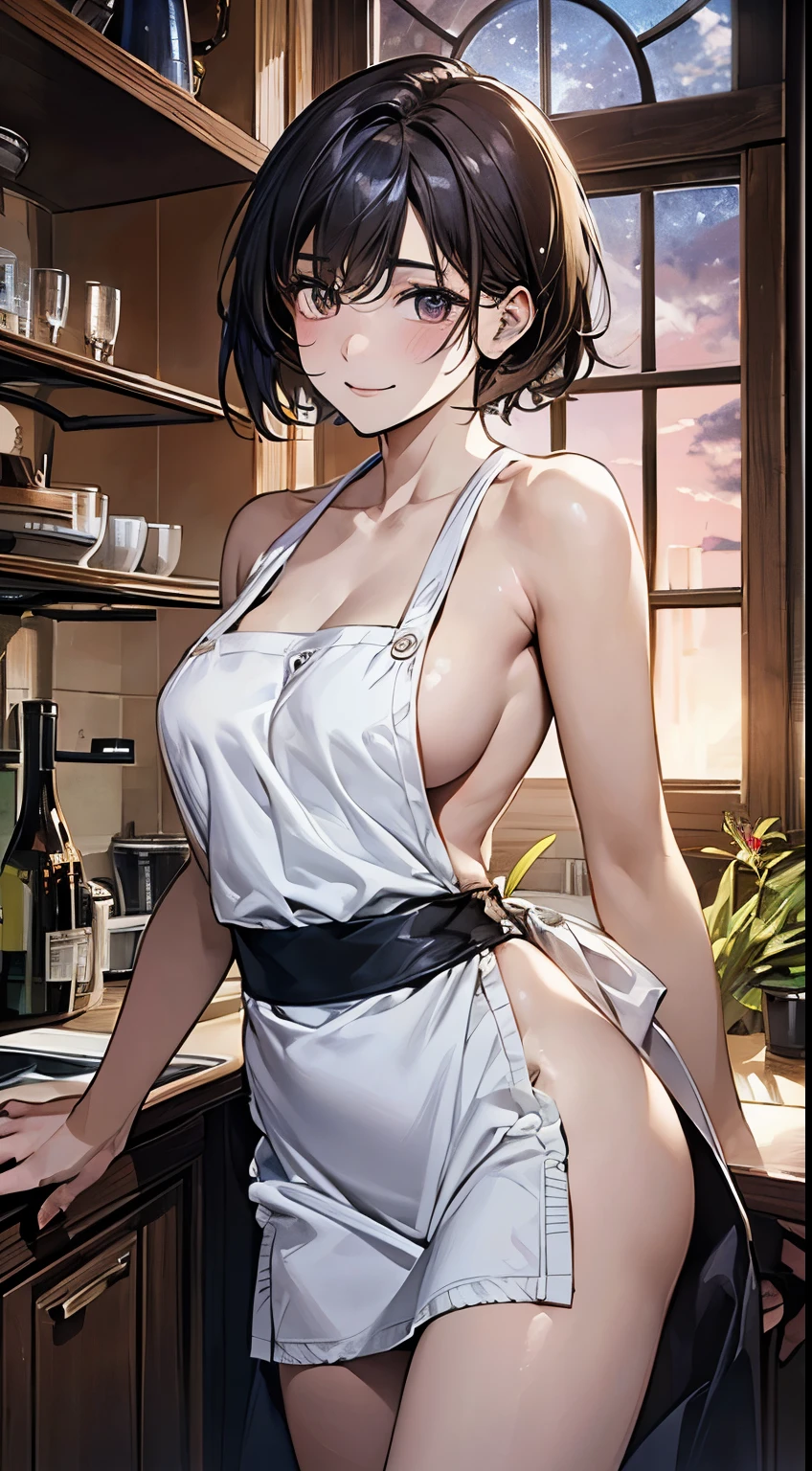 ((perfect anatomy, anatomically correct, super dense skin)), 1 girl, Japanese, , (Fine-grained super oily shiny skin:1.1), Take in the scenery, (smile:1.2),
beautiful hair, beautiful face, detailed and beautiful eyes, (short hair:1.4, half up hair:1.5), dull bangs, baby face,
beautiful clavicle, beautiful body, beautiful breasts, (big breasts:0.8), beautiful thighs, beautiful feet,
(((naked:1.2), apron)),
(beautiful scenery), Inside the kitchen, walk, Are standing,
(8K, highest quality, masterpiece:1.2, very detailed), (realistic), beautiful art, visual art, Depth of the bounds written, cinematic lighting, ,